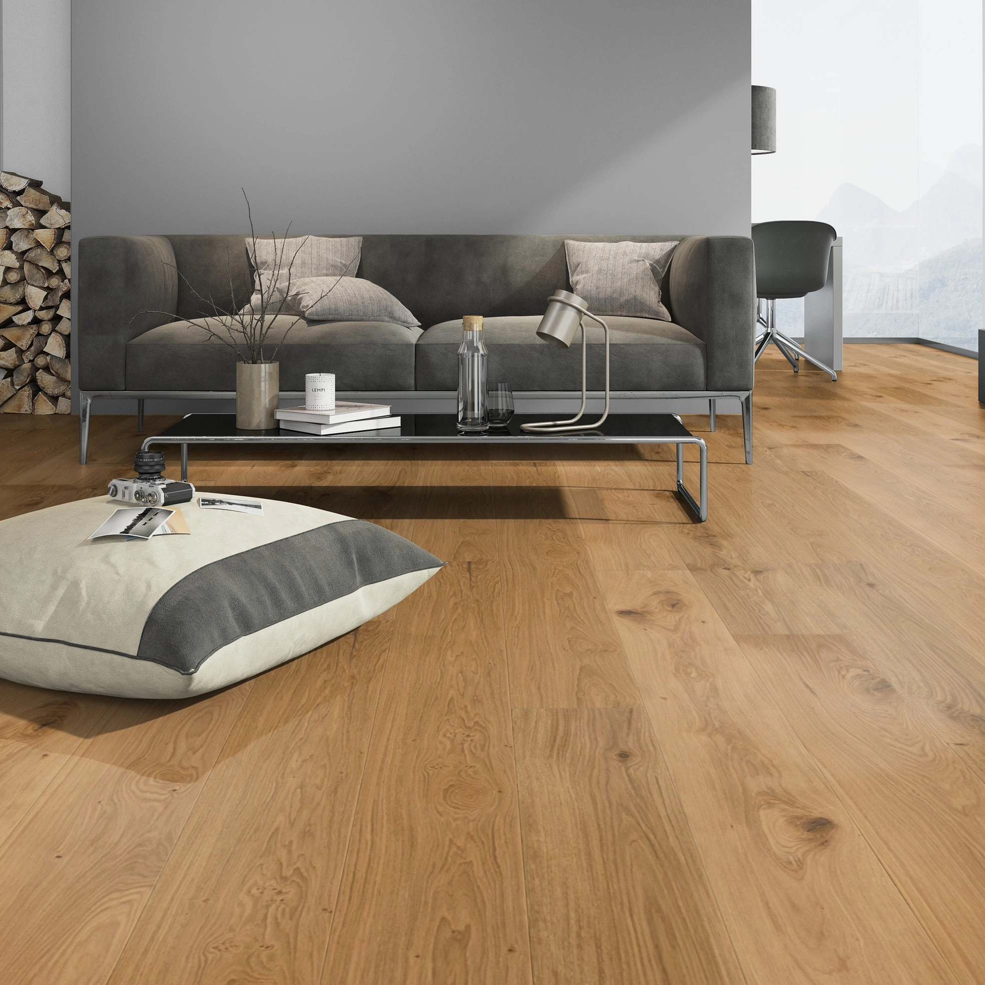 Milieubild Modernes Wohnzimmer mit Kamin - Admonter Parkett FLOORs Eiche Basic Milieubild Modernes Wohnzimmer mit Kamin - Admonter 106207