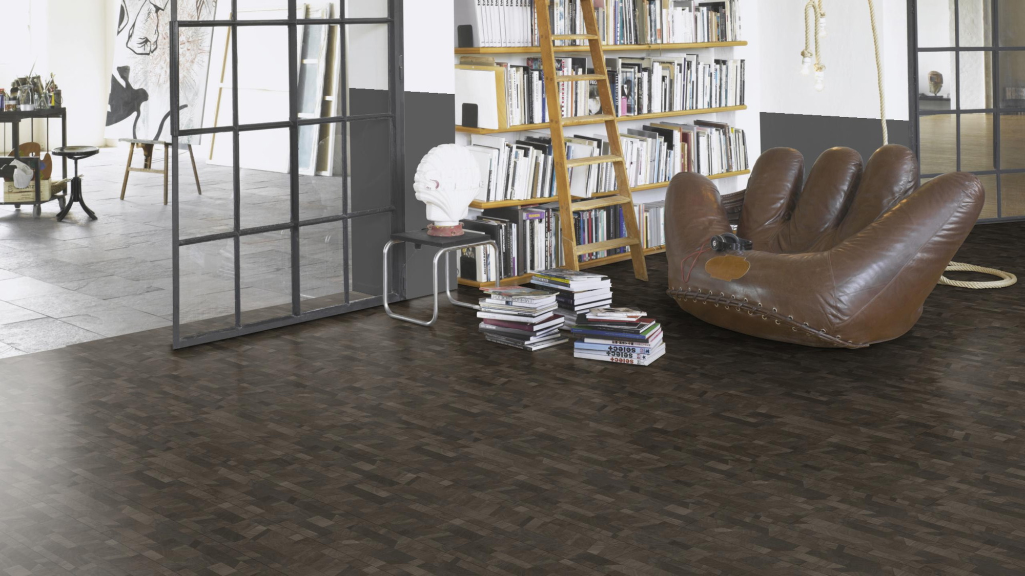 Milieubild Modernes Wohnzimmer mit Atelier - Parador HDF Klick-Designboden Modular ONE Cross Cut black Milieubild Modernes Wohnzimmer mit Atelier - Parador 1744553