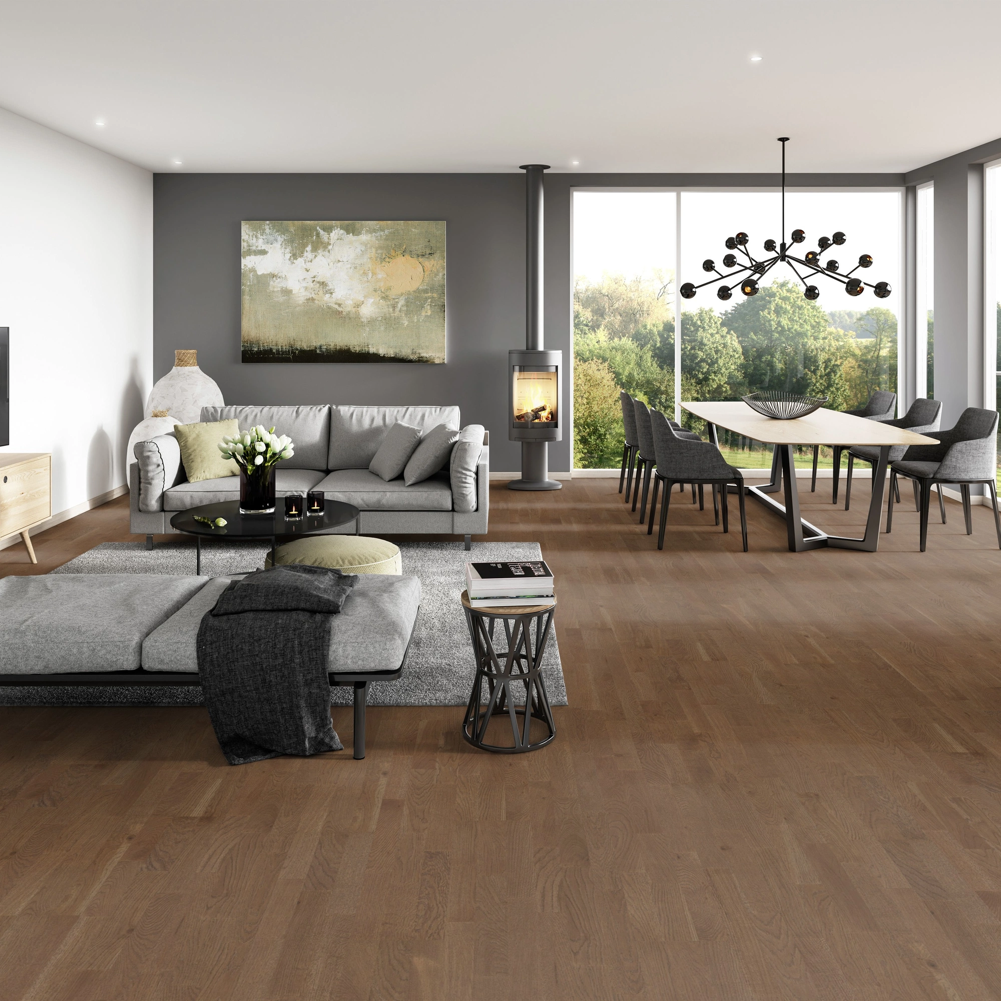 Milieubild Modernes Wohnzimmer mit Essbereich - ter Hürne Parkett Tailored Collection Eiche Burgund Milieubild Modernes Wohnzimmer mit Essbereich - ter Hürne 1101312517