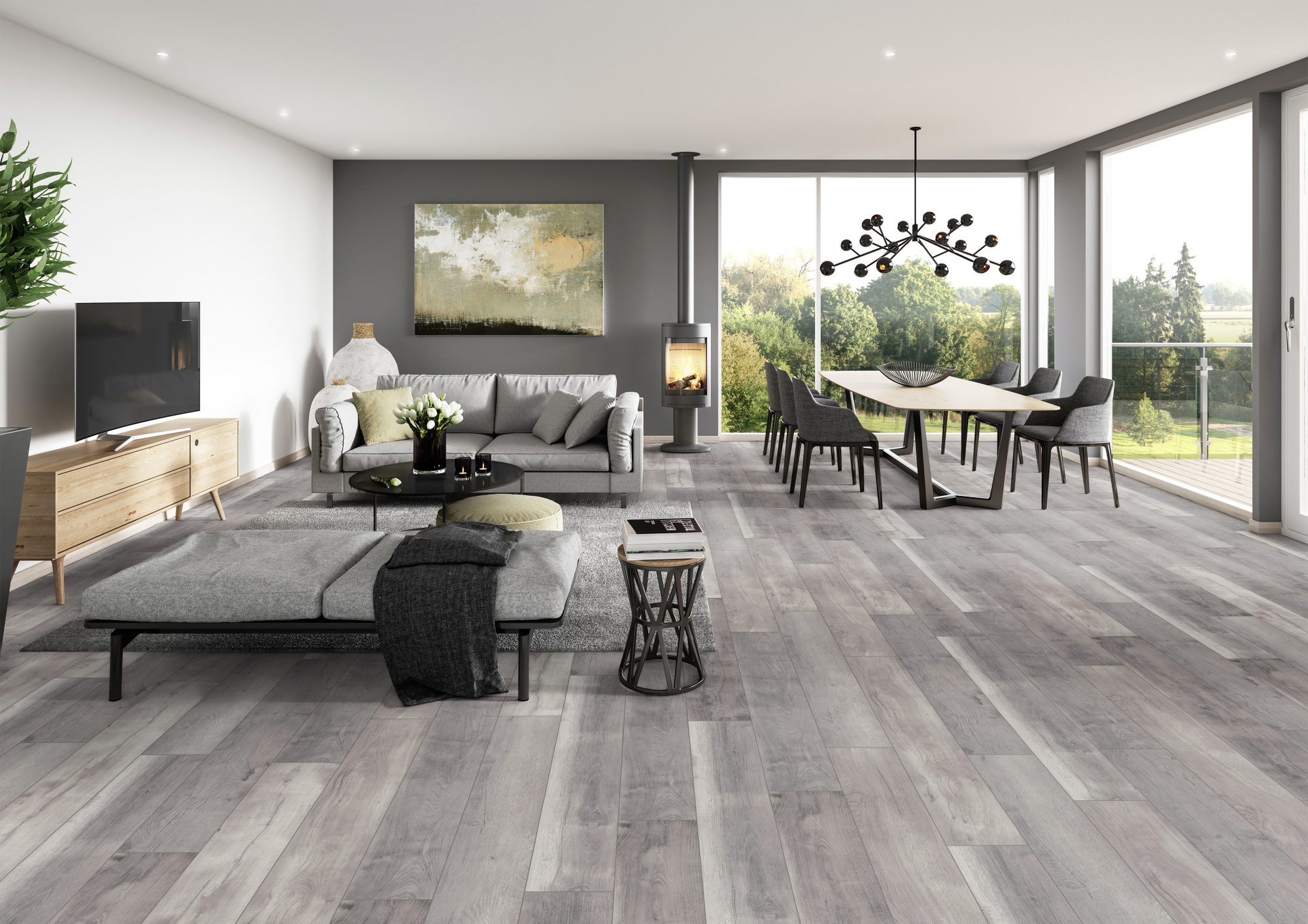 Milieubild Modernes Wohnzimmer mit Essbereich - ter Hürne Klick-Designboden Dureco Strong Classic Edition Eiche Barbados Milieubild Modernes Wohnzimmer mit Essbereich - ter Hürne 1101260050