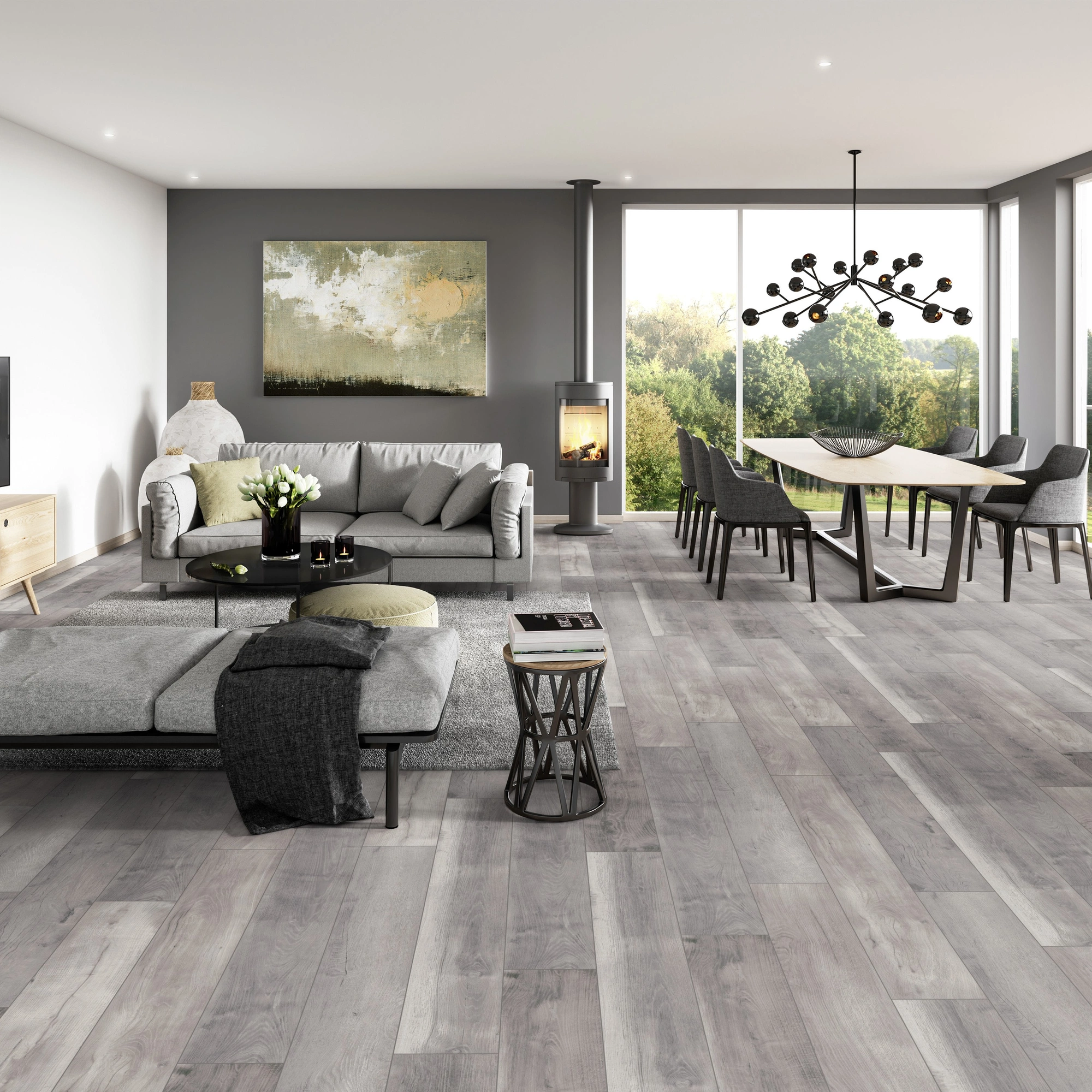 Milieubild Modernes Wohnzimmer mit Essbereich - ter Hürne Klick-Designboden Dureco Strong Classic Edition Eiche Barbados Milieubild Modernes Wohnzimmer mit Essbereich - ter Hürne 1101260050