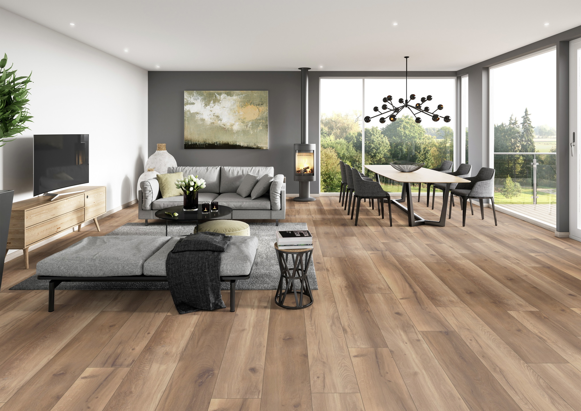 Milieubild Modernes Wohnzimmer mit Essbereich - ter Hürne HDF Klick-Designboden Dureco Silent Grand Edition Eiche Mykonos Milieubild Modernes Wohnzimmer mit Essbereich - ter Hürne 1101330012