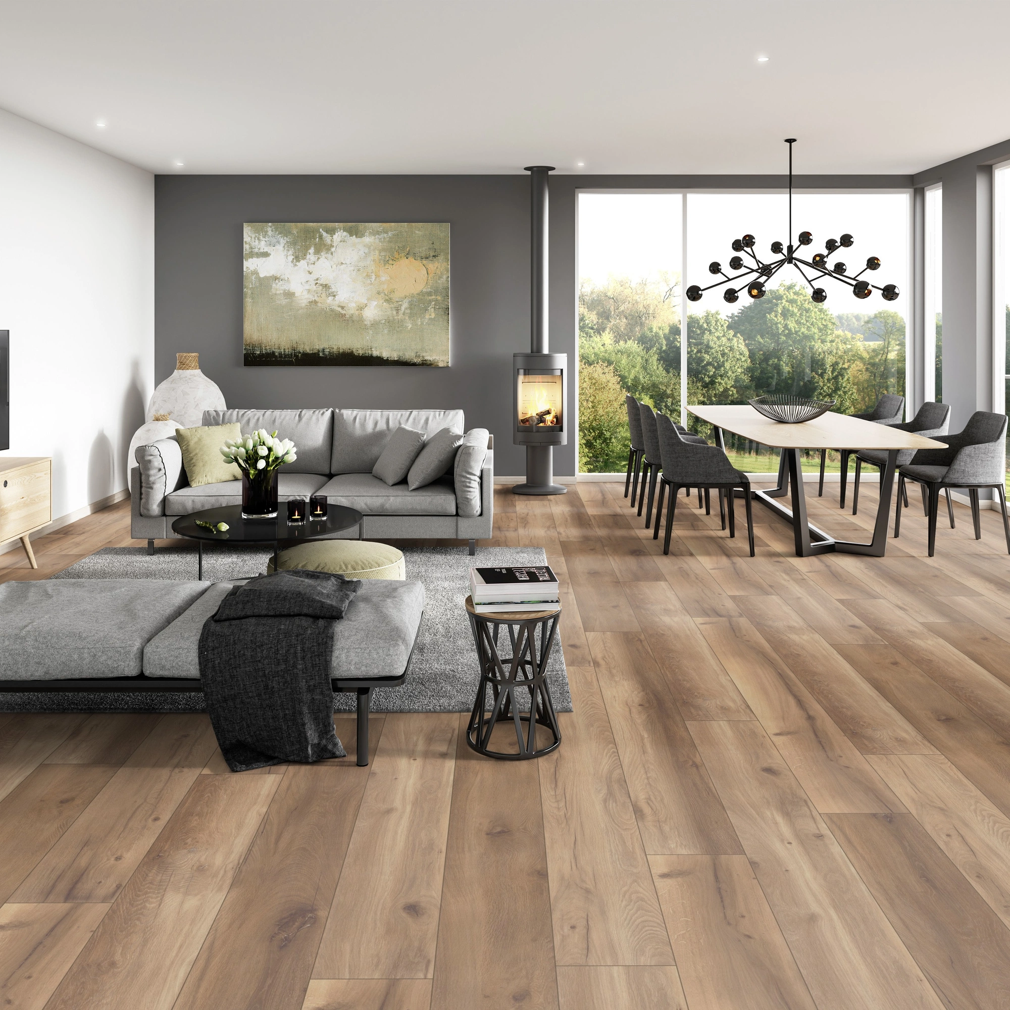 Milieubild Modernes Wohnzimmer mit Essbereich - ter Hürne HDF Klick-Designboden Dureco Silent Grand Edition Eiche Mykonos Milieubild Modernes Wohnzimmer mit Essbereich - ter Hürne 1101330012