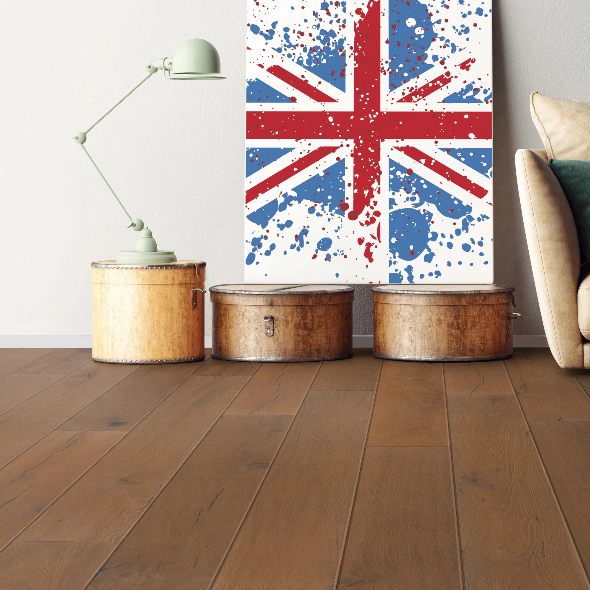 Milieubild Wohnzimmer mit Sofa - bodentiefe Perspektive - Bennett & Jones Parkett Britain's Finest Oak No. 9 Stuart Milieubild Wohnzimmer mit Sofa - bodentiefe Perspektive - Bennett & Jones 1148011908