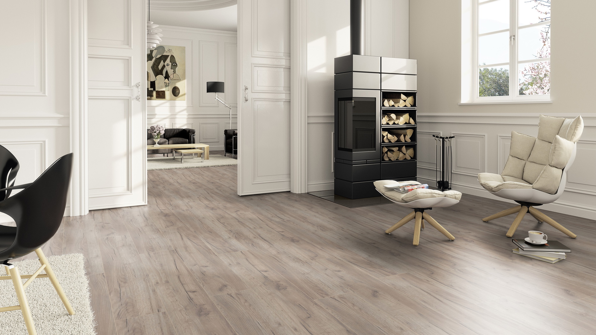 Milieubild Wohnzimmer im Landhaus-Stil mit Kamin - ter Hürne Klick-Designboden Dureco Strong Classic Edition Eiche Tahiti Milieubild Wohnzimmer im Landhaus-Stil mit Kamin - ter Hürne 1101260048