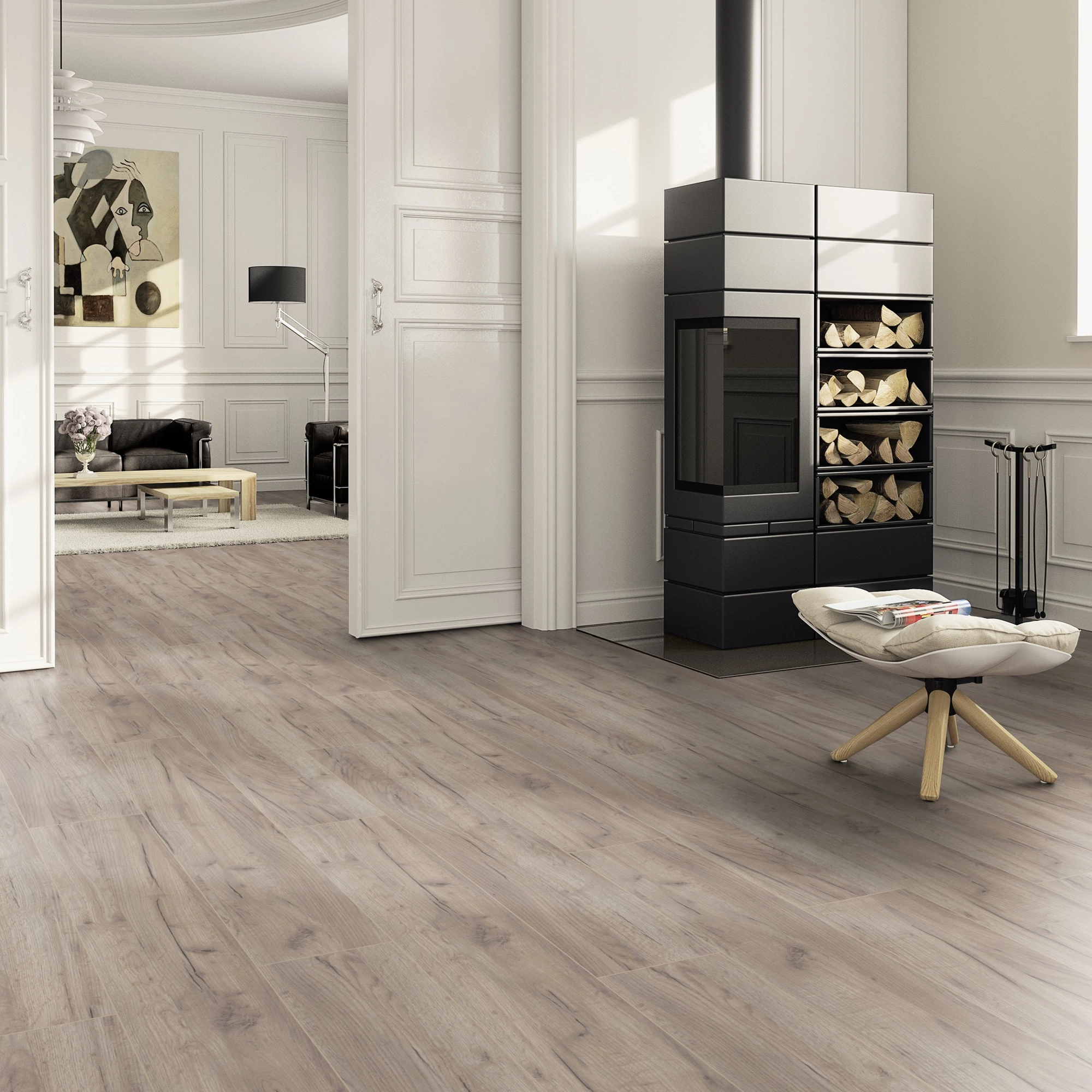 Milieubild Wohnzimmer im Landhaus-Stil mit Kamin - ter Hürne Klick-Designboden Dureco Strong Classic Edition Eiche Tahiti Milieubild Wohnzimmer im Landhaus-Stil mit Kamin - ter Hürne 1101260048