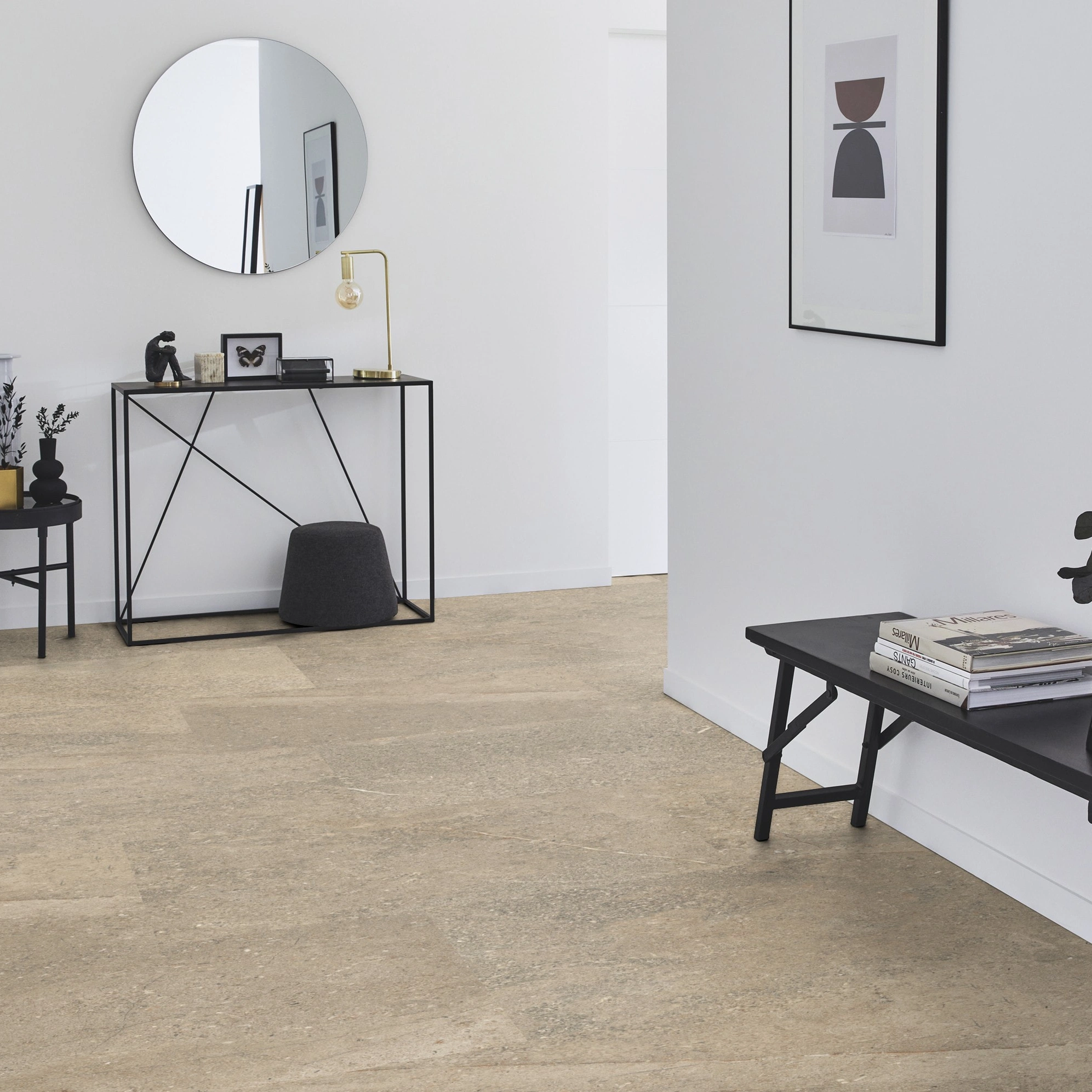 Milieubild Flur mit Sideboard und Spiegel - Tarkett Rigid Klick-Vinyl iD Click Ultimate 70 NATURALS Sediment Beige Milieubild Flur mit Sideboard und Spiegel - Tarkett 260008037