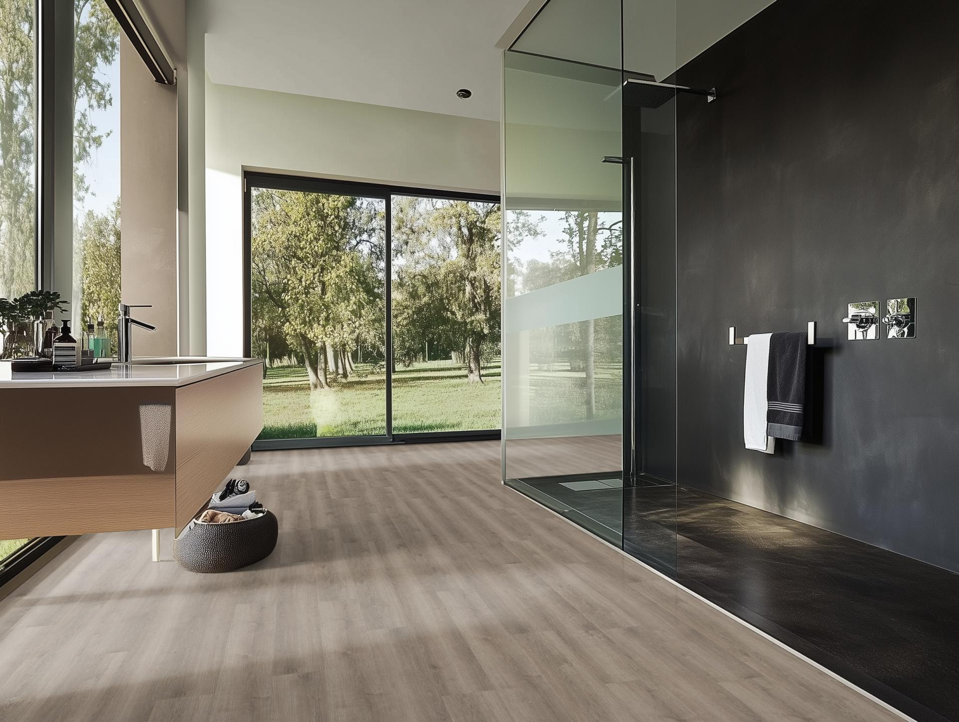 Milieubild Modernes Badezimmer mit bodentiefer Dusche - nexflor Rigid Klick-Vinyl Apollo Click Collection Athens Oak Milieubild Modernes Badezimmer mit bodentiefer Dusche - nexflor NXF-60030-001