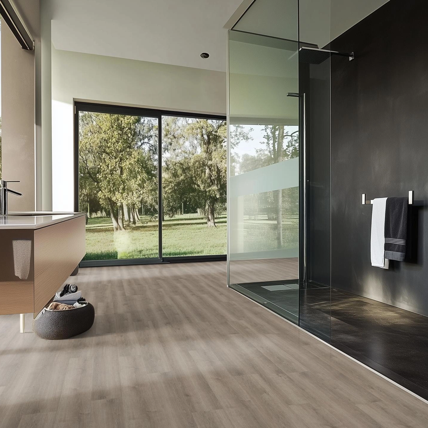 Milieubild Modernes Badezimmer mit bodentiefer Dusche - nexflor Rigid Klick-Vinyl Apollo Click Collection Athens Oak Milieubild Modernes Badezimmer mit bodentiefer Dusche - nexflor NXF-60030-001