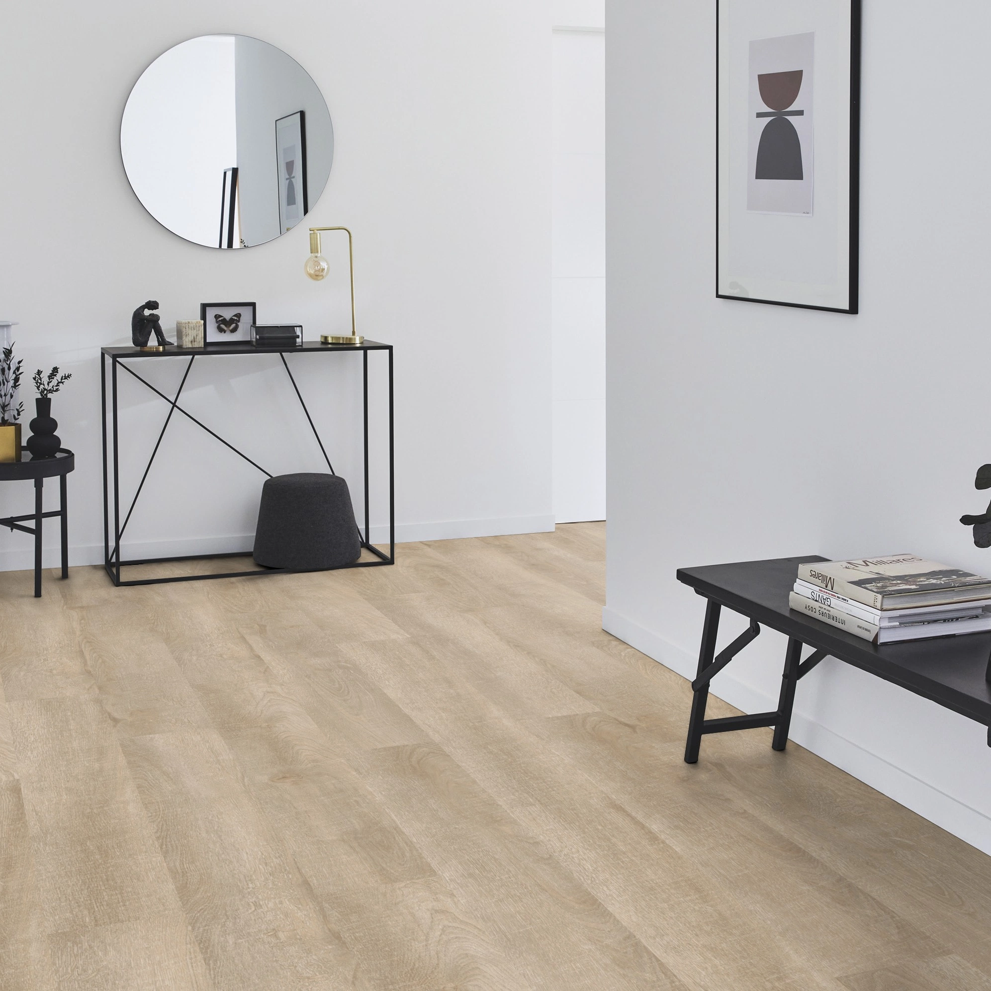 Milieubild Flur mit Sideboard und Spiegel - Tarkett Klebe-Vinyl iD Inspiration 30 CLASSICS Antik Oak Beige Milieubild Flur mit Sideboard und Spiegel - Tarkett 24524007