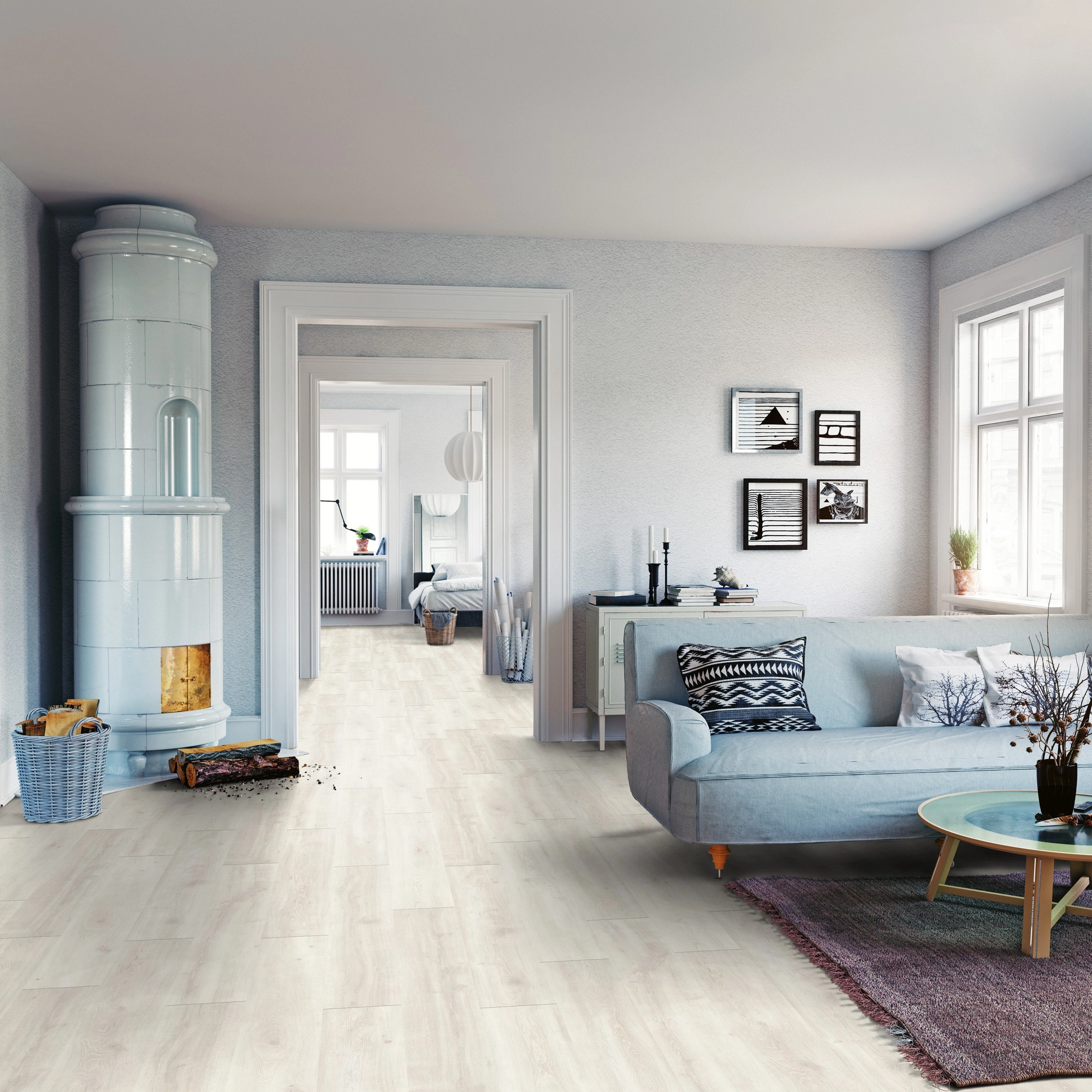 Milieubild Wohnzimmer mit Sofa und Kachelofen - ter Hürne Laminat Classic Edition Eiche Sushi Bar Milieubild Wohnzimmer mit Sofa und Kachelofen - ter Hürne 1101021820