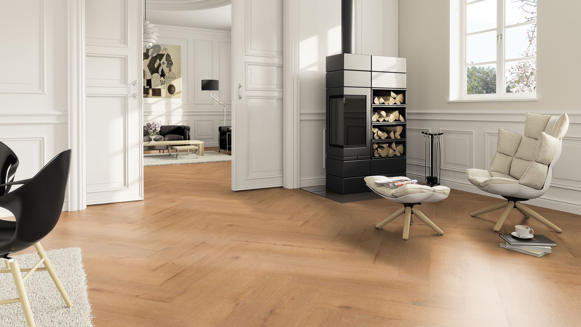 Milieubild Wohnzimmer im Landhaus-Stil mit Kamin - ter Hürne Rigid Klick-Vinyl Perform Herringbone Edition Eiche Hamburg Milieubild Wohnzimmer im Landhaus-Stil mit Kamin - ter Hürne 1101240800