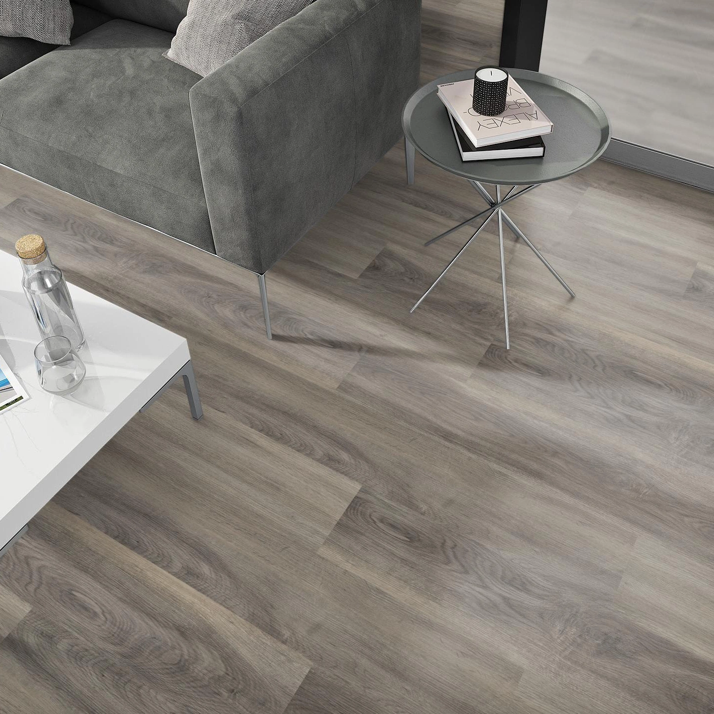 Milieubild Wohnzimmer - Sofa mit Beistelltisch und Glastür - nexflor Rigid Klick-Vinyl Apollo Click Collection Delos Oak Milieubild Wohnzimmer - Sofa mit Beistelltisch und Glastür - nexflor NXF-60030-007