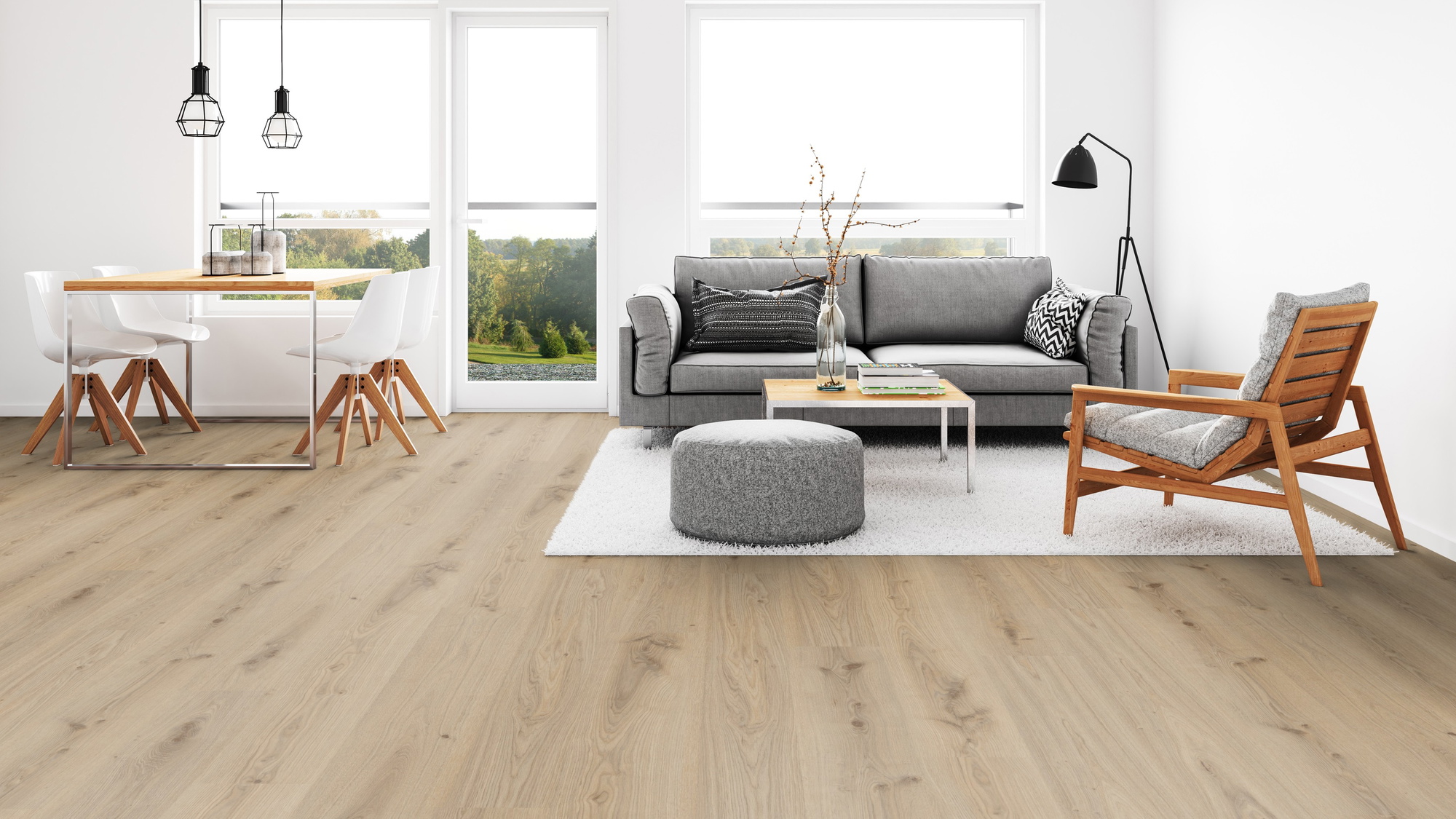 Milieubild Wohnzimmer mit Esszimmer - Tarkett Klebe-Vinyl Essence 30 Primary Oak Natural Milieubild Wohnzimmer mit Esszimmer - Tarkett 260055004