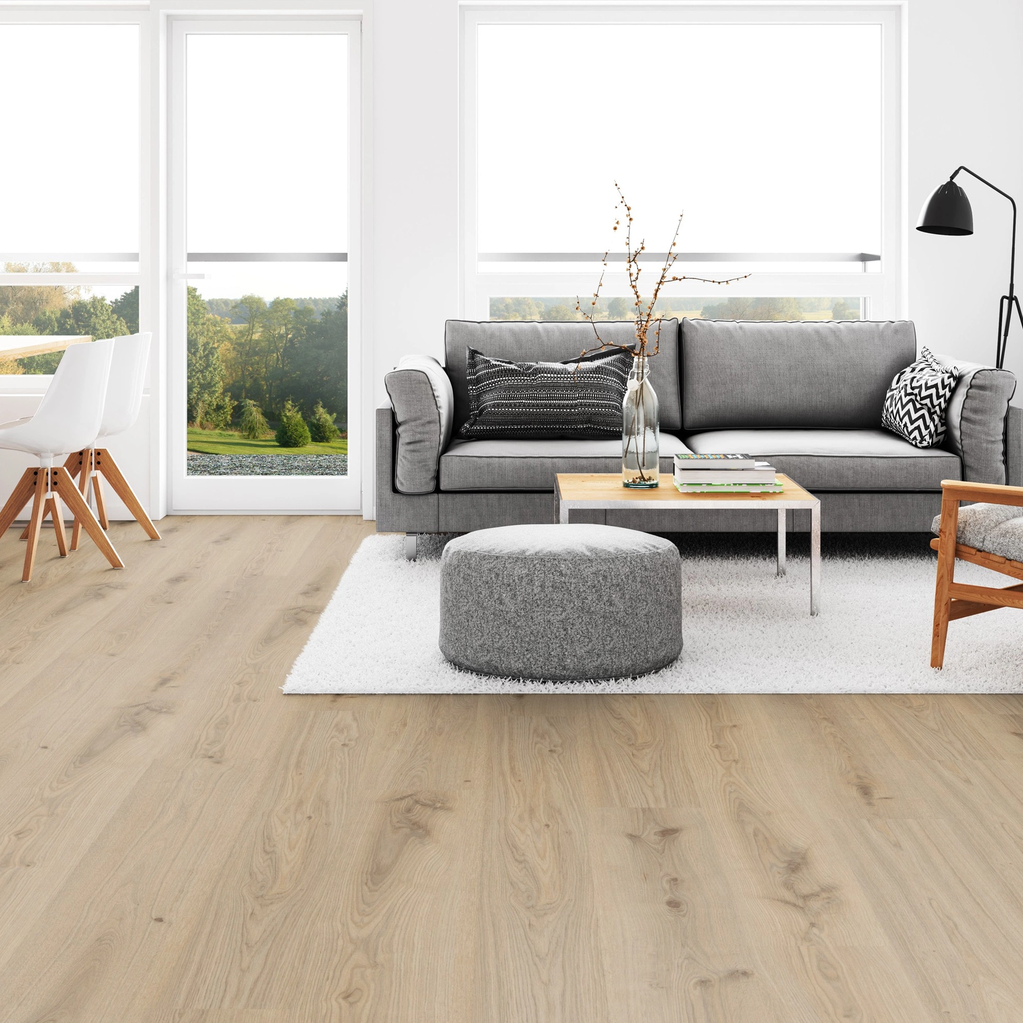 Milieubild Wohnzimmer mit Esszimmer - Tarkett Klebe-Vinyl Essence 30 Primary Oak Natural Milieubild Wohnzimmer mit Esszimmer - Tarkett 260055004