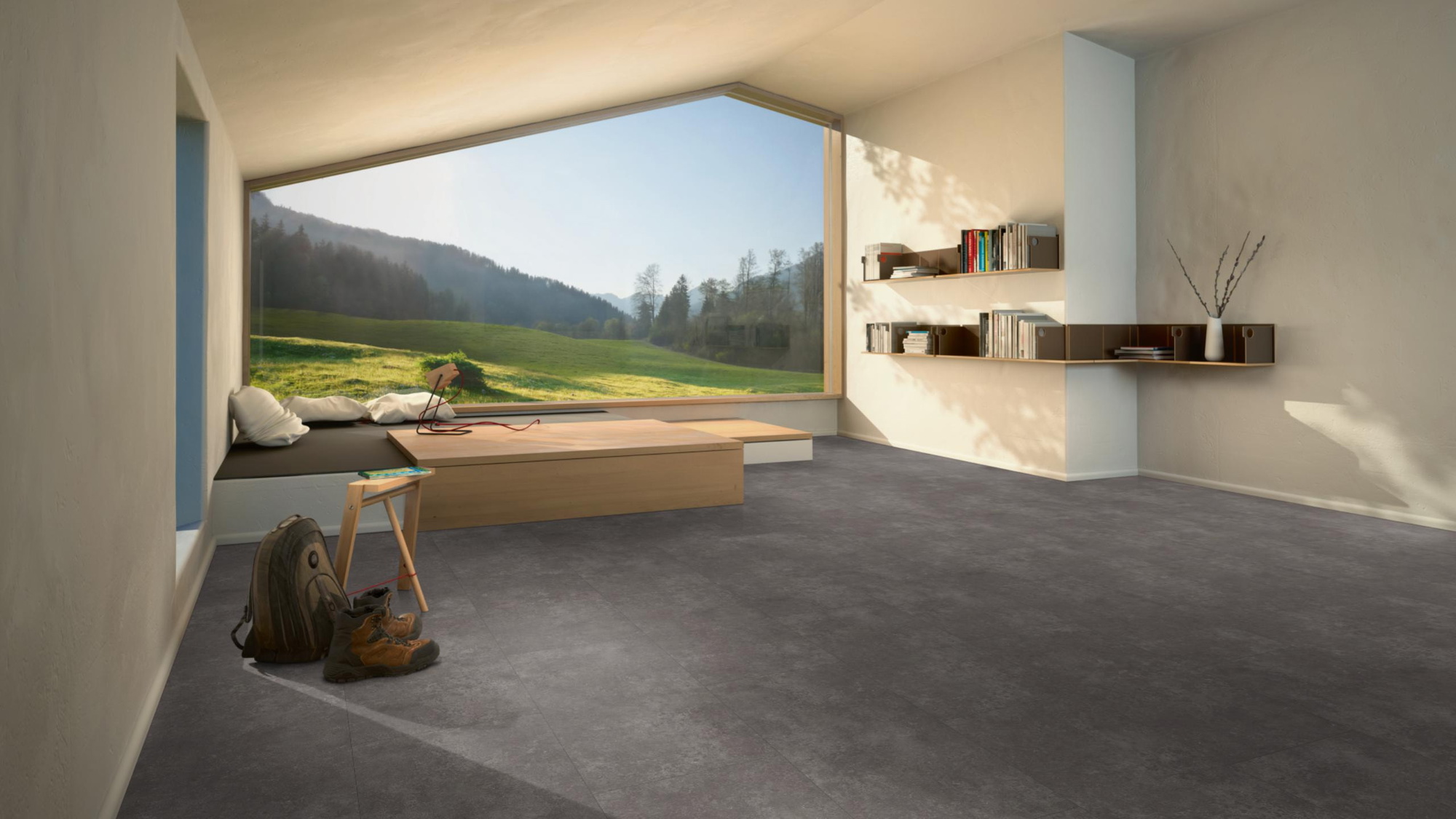 Milieubild Moderne Hütte mit Blick in die Natur - Parador HDF Klick-Designboden Modular ONE Stein Atlas schattengrau Milieubild Moderne Hütte mit Blick in die Natur - Parador 1748732