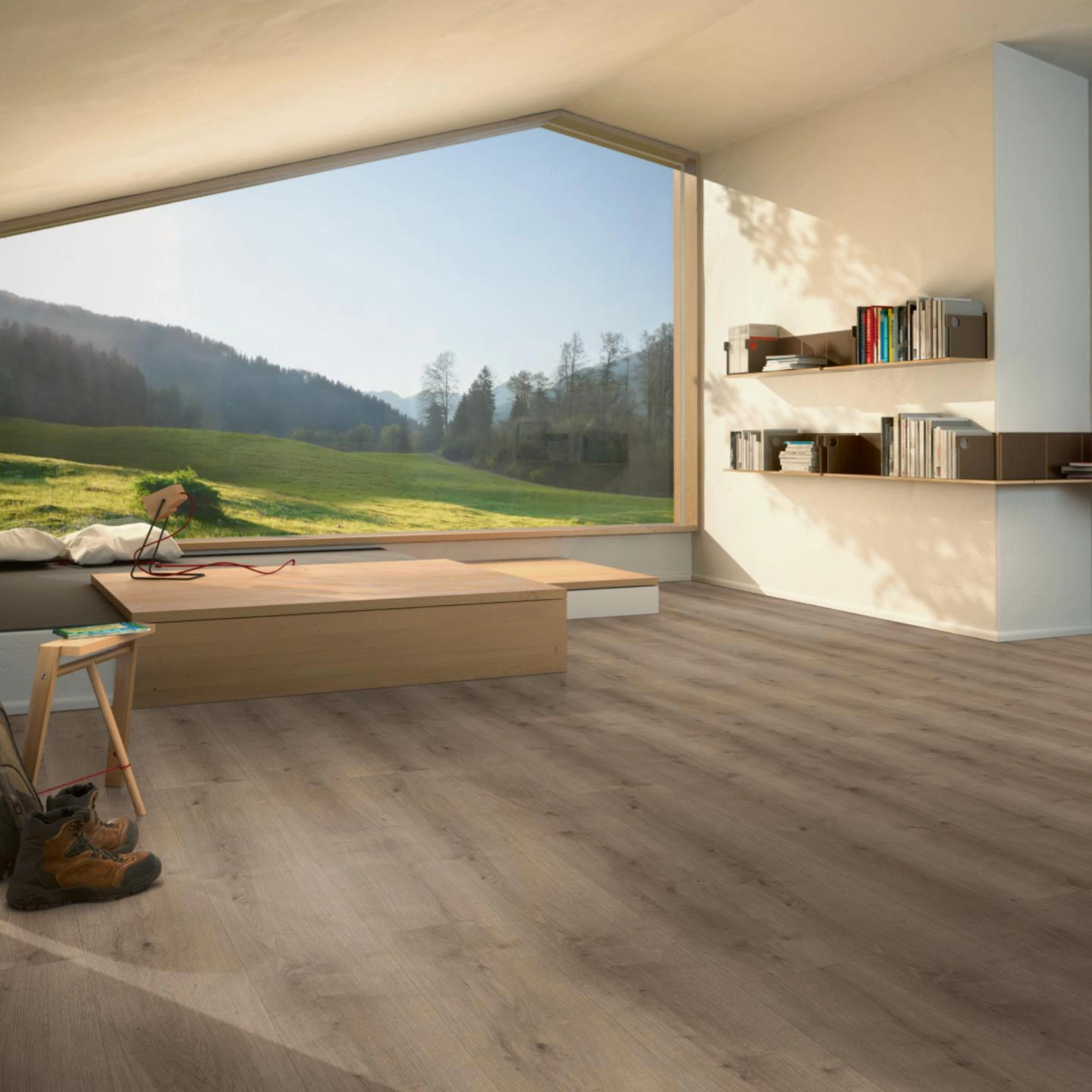 Milieubild Moderne Hütte mit Blick in die Natur - Parador HDF Klick-Designboden Modular ONE Eiche Pure perlgrau Milieubild Moderne Hütte mit Blick in die Natur - Parador 1730804