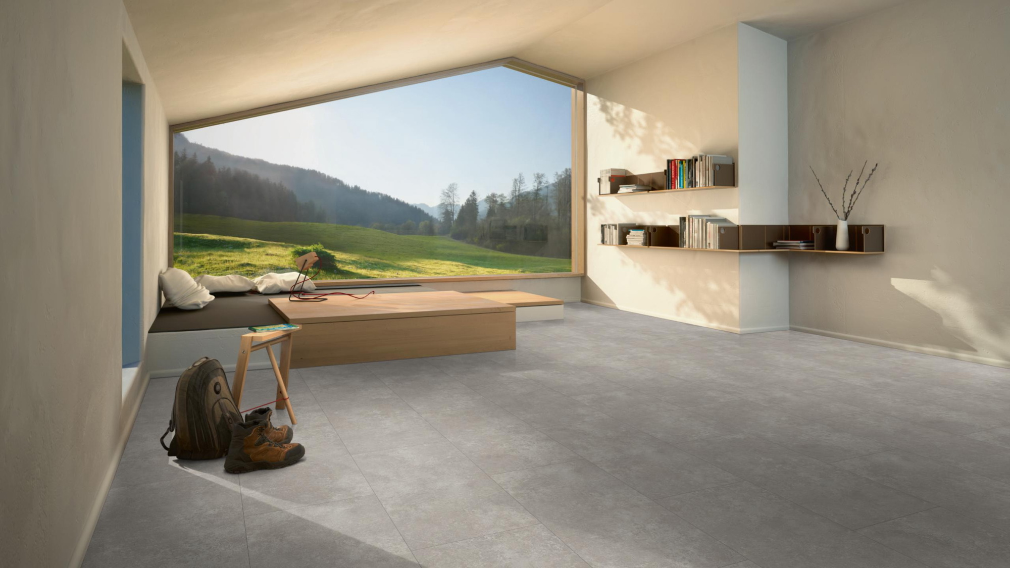 Milieubild Moderne Hütte mit Blick in die Natur - Parador HDF Klick-Designboden Modular ONE Stein Atlas hellgrau Milieubild Moderne Hütte mit Blick in die Natur - Parador 1748731