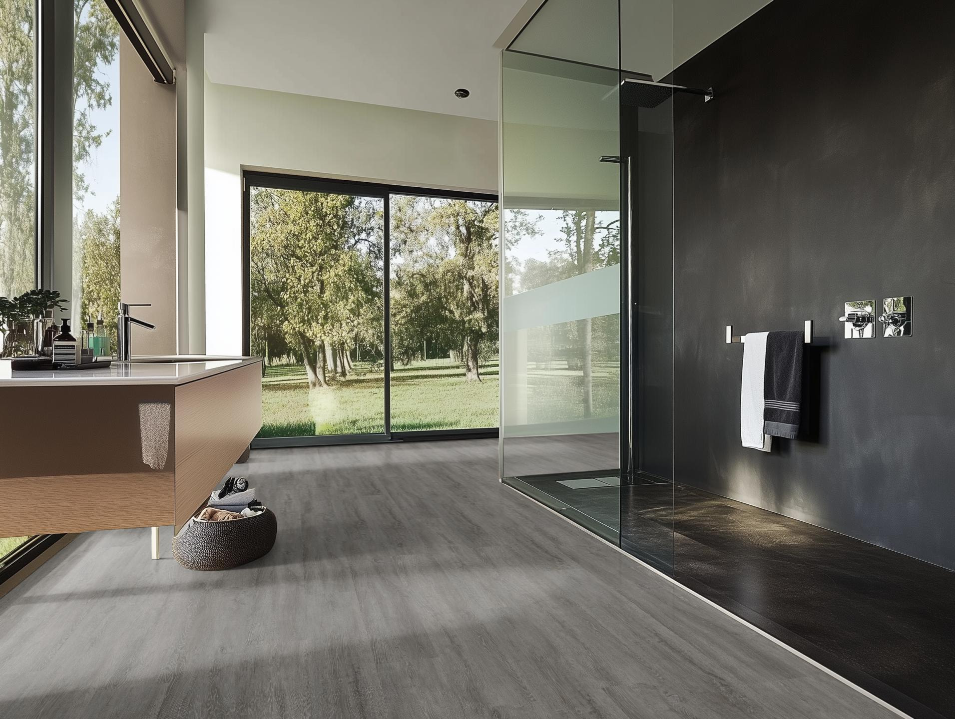 Milieubild Modernes Badezimmer mit bodentiefer Dusche - nexflor Rigid Klick-Vinyl Helios Click Collection Arcadia Oak Milieubild Modernes Badezimmer mit bodentiefer Dusche - nexflor NXF-20030-005