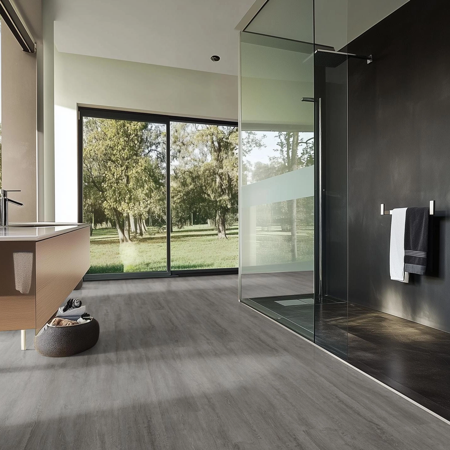 Milieubild Modernes Badezimmer mit bodentiefer Dusche - nexflor Rigid Klick-Vinyl Helios Click Collection Arcadia Oak Milieubild Modernes Badezimmer mit bodentiefer Dusche - nexflor NXF-20030-005