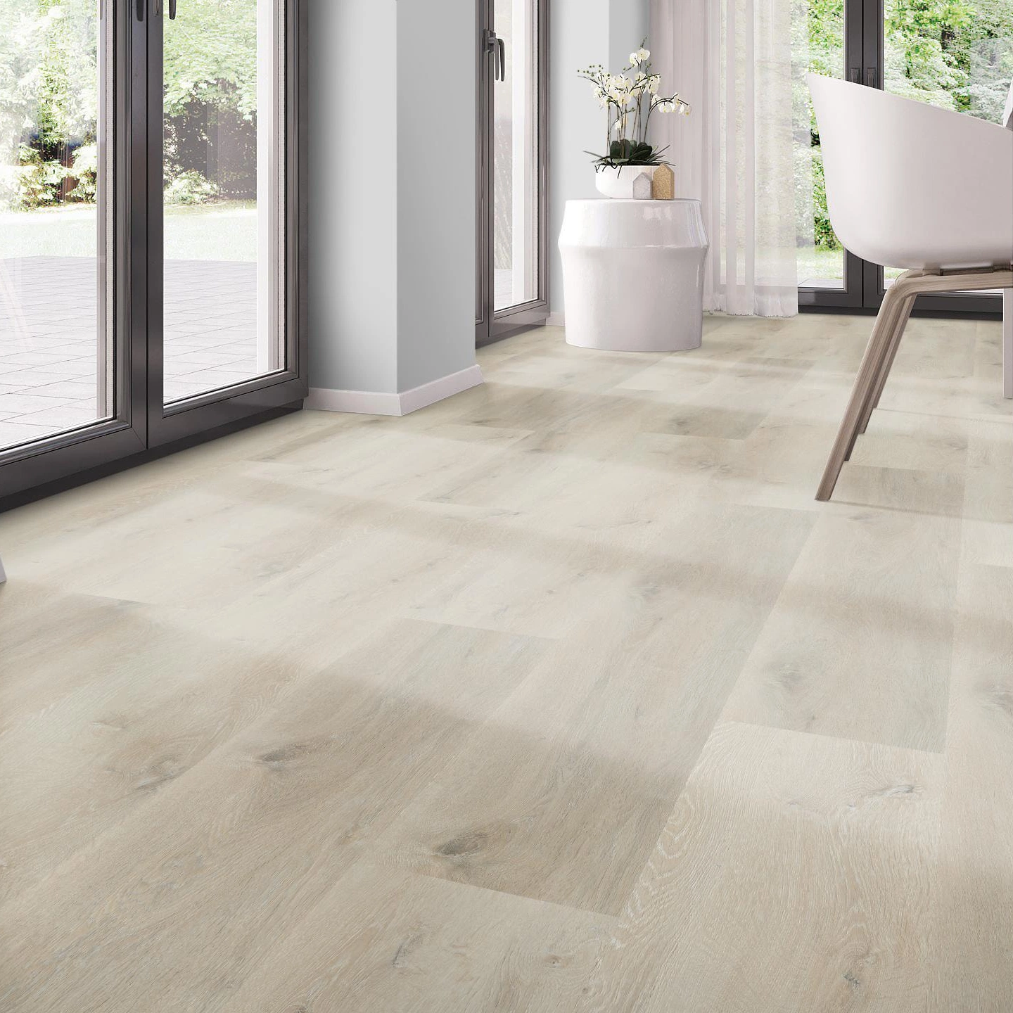 Milieubild Modernes Esszimmer - bodentiefe Perspektive - nexflor Klebe-Vinyl Helios Collection Phocis Oak Milieubild Modernes Esszimmer - bodentiefe Perspektive - nexflor NXF-10030-001