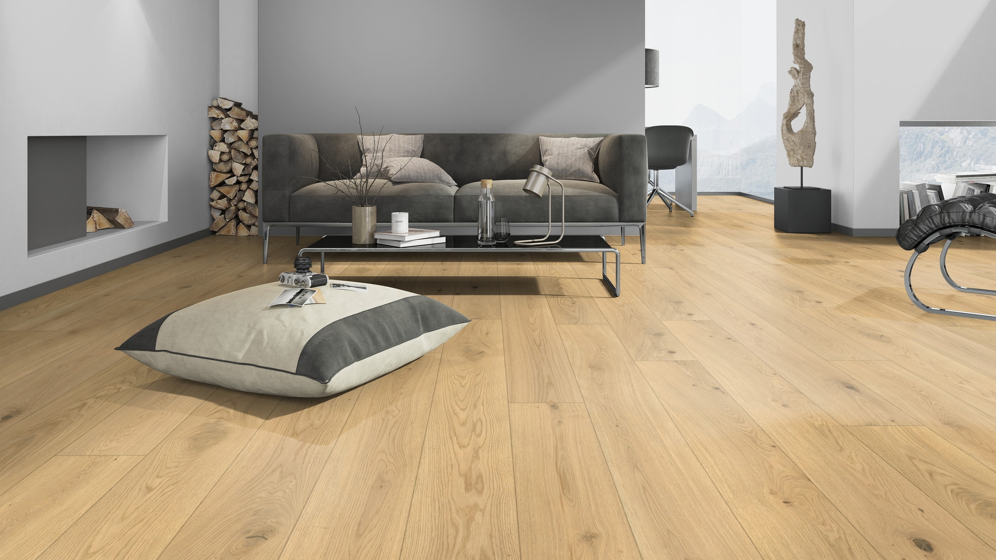 Milieubild Modernes Wohnzimmer mit Kamin - Admonter Parkett FLOORs Eiche natura Milieubild Modernes Wohnzimmer mit Kamin - Admonter 115774