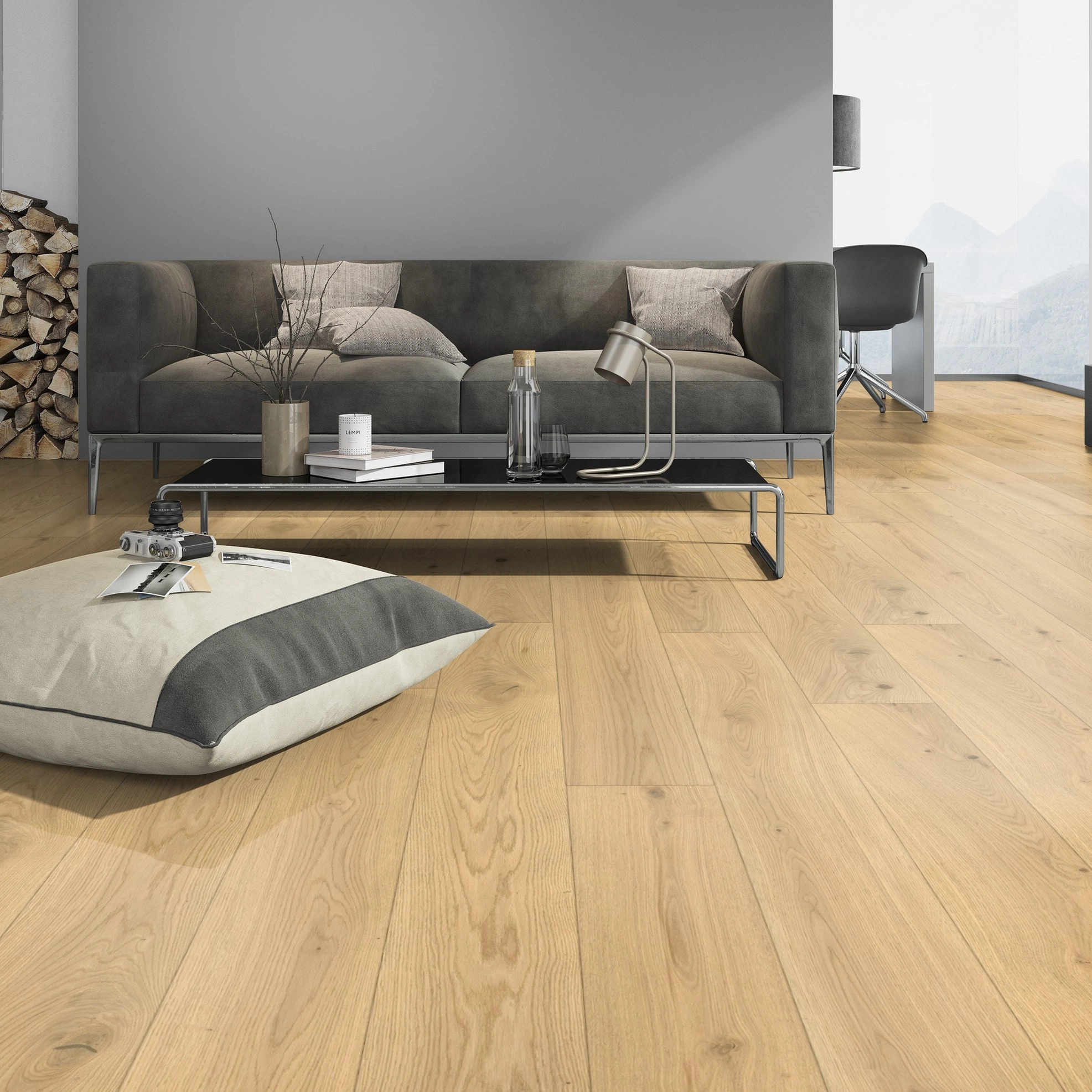 Milieubild Modernes Wohnzimmer mit Kamin - Admonter Parkett FLOORs Eiche natura Milieubild Modernes Wohnzimmer mit Kamin - Admonter 115774