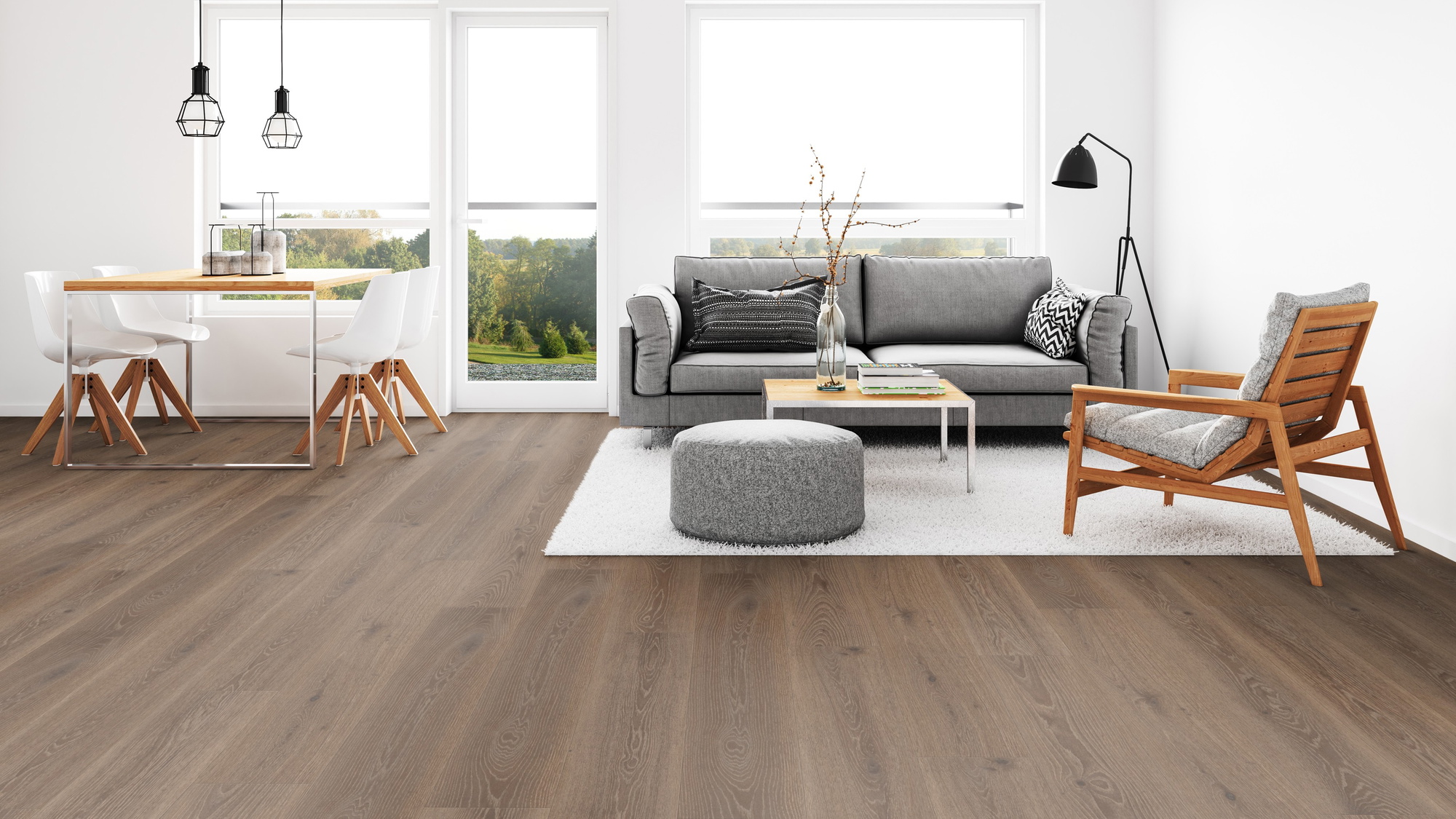 Milieubild Wohnzimmer mit Esszimmer - Tarkett Klebe-Vinyl Essence 30 Tribe Oak Mocha Milieubild Wohnzimmer mit Esszimmer - Tarkett 260055009