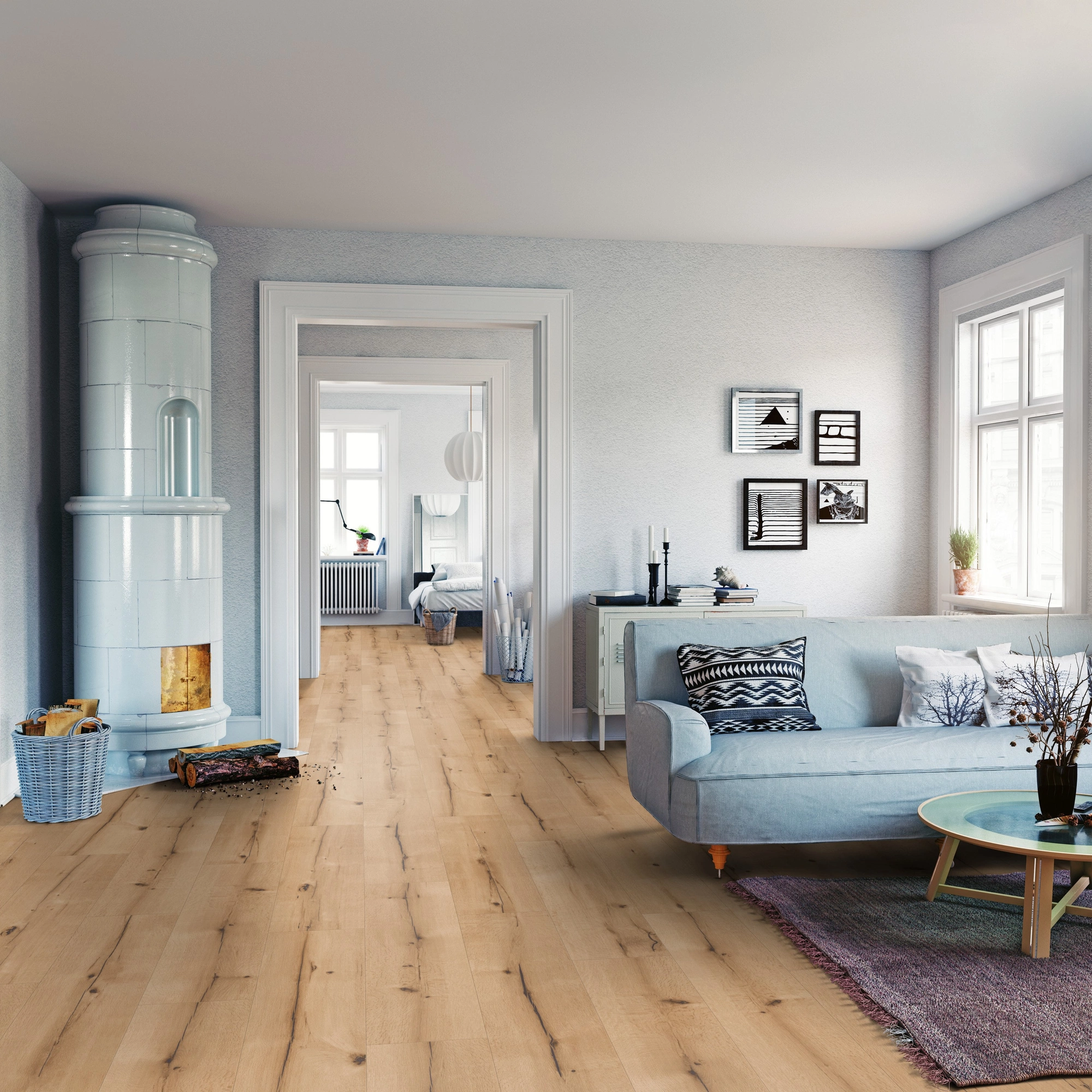 Milieubild Wohnzimmer mit Sofa und Kachelofen - ter Hürne Laminat Trend Edition Eiche Art Deco Milieubild Wohnzimmer mit Sofa und Kachelofen - ter Hürne 1101021826