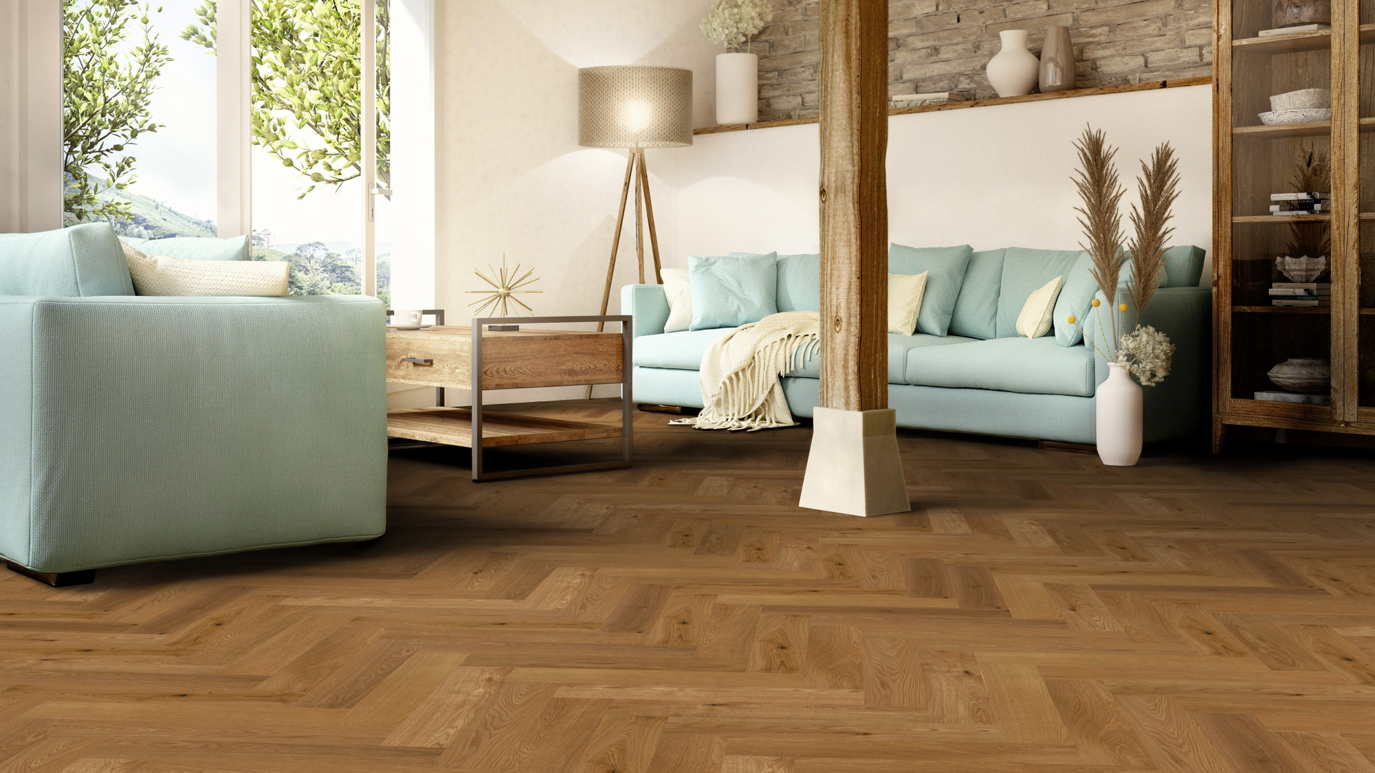 Milieubild Wohnzimmer im mediterranen Stil - Thede & Witte Parkett Maxistab Eiche Milieubild Wohnzimmer im mediterranen Stil - Thede & Witte 52MSÖNF15EI50