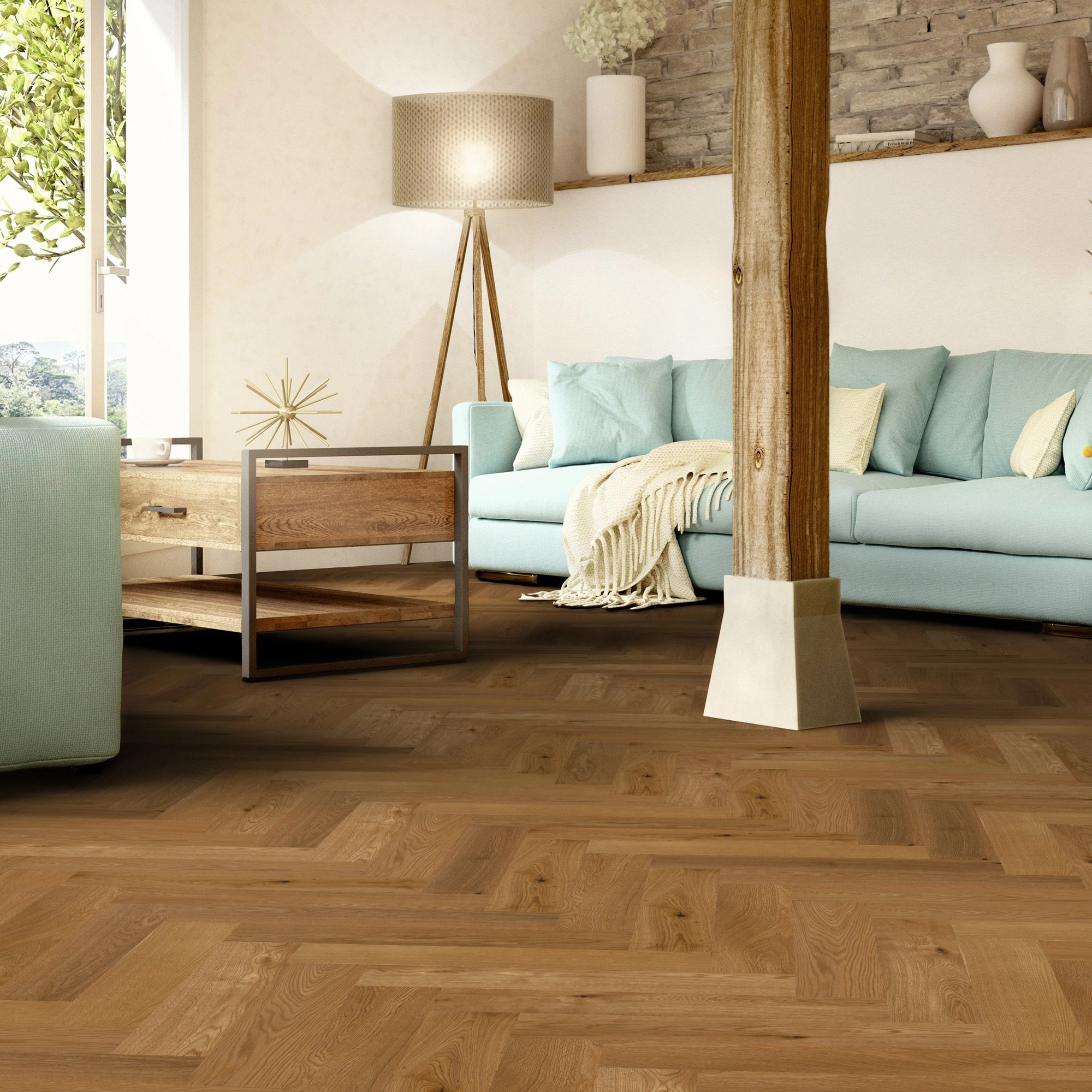 Milieubild Wohnzimmer im mediterranen Stil - Thede & Witte Parkett Maxistab Eiche Milieubild Wohnzimmer im mediterranen Stil - Thede & Witte 52MSÖNF15EI50