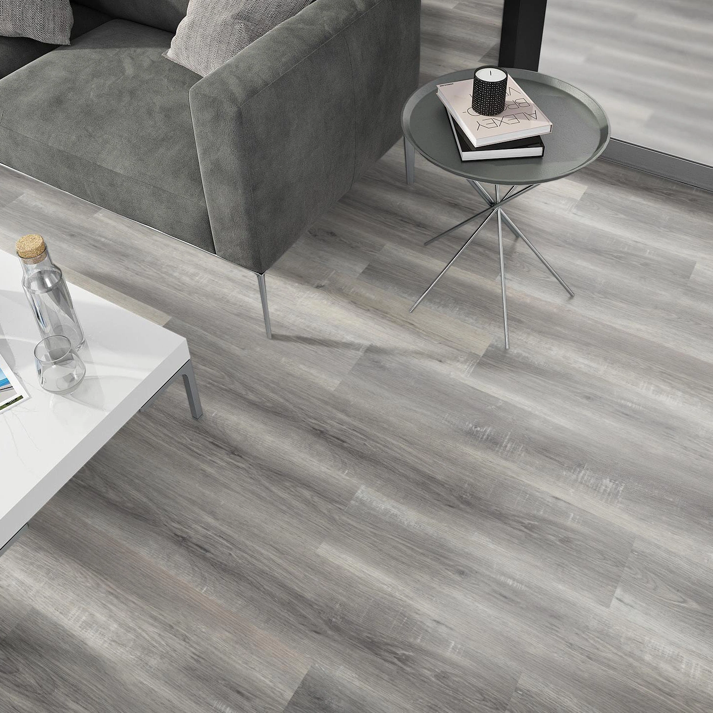 Milieubild Wohnzimmer - Sofa mit Beistelltisch und Glastür - nexflor Rigid Klick-Vinyl Apollo Click Collection Troy Oak Milieubild Wohnzimmer - Sofa mit Beistelltisch und Glastür - nexflor NXF-60030-004