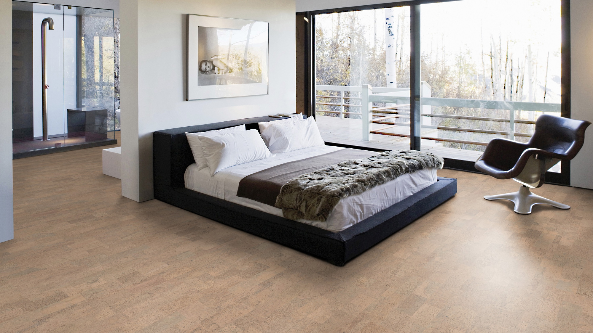 Milieubild Schlafzimmer mit Balkon - Wicanders Wise HDF Klick-Korkboden cork Essence Identity Champagne Milieubild Schlafzimmer mit Balkon - Wicanders Wise 80001653