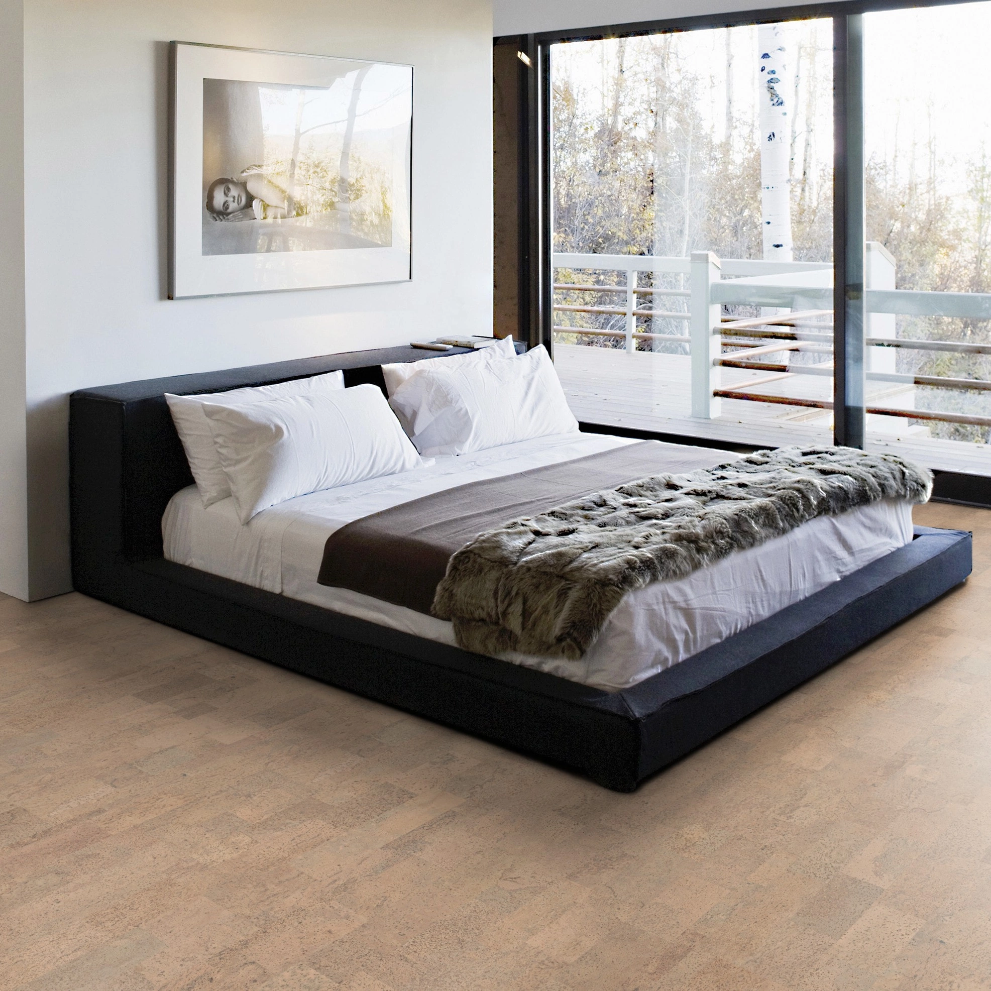 Milieubild Schlafzimmer mit Balkon - Wicanders Wise HDF Klick-Korkboden cork Essence Identity Champagne Milieubild Schlafzimmer mit Balkon - Wicanders Wise 80001653