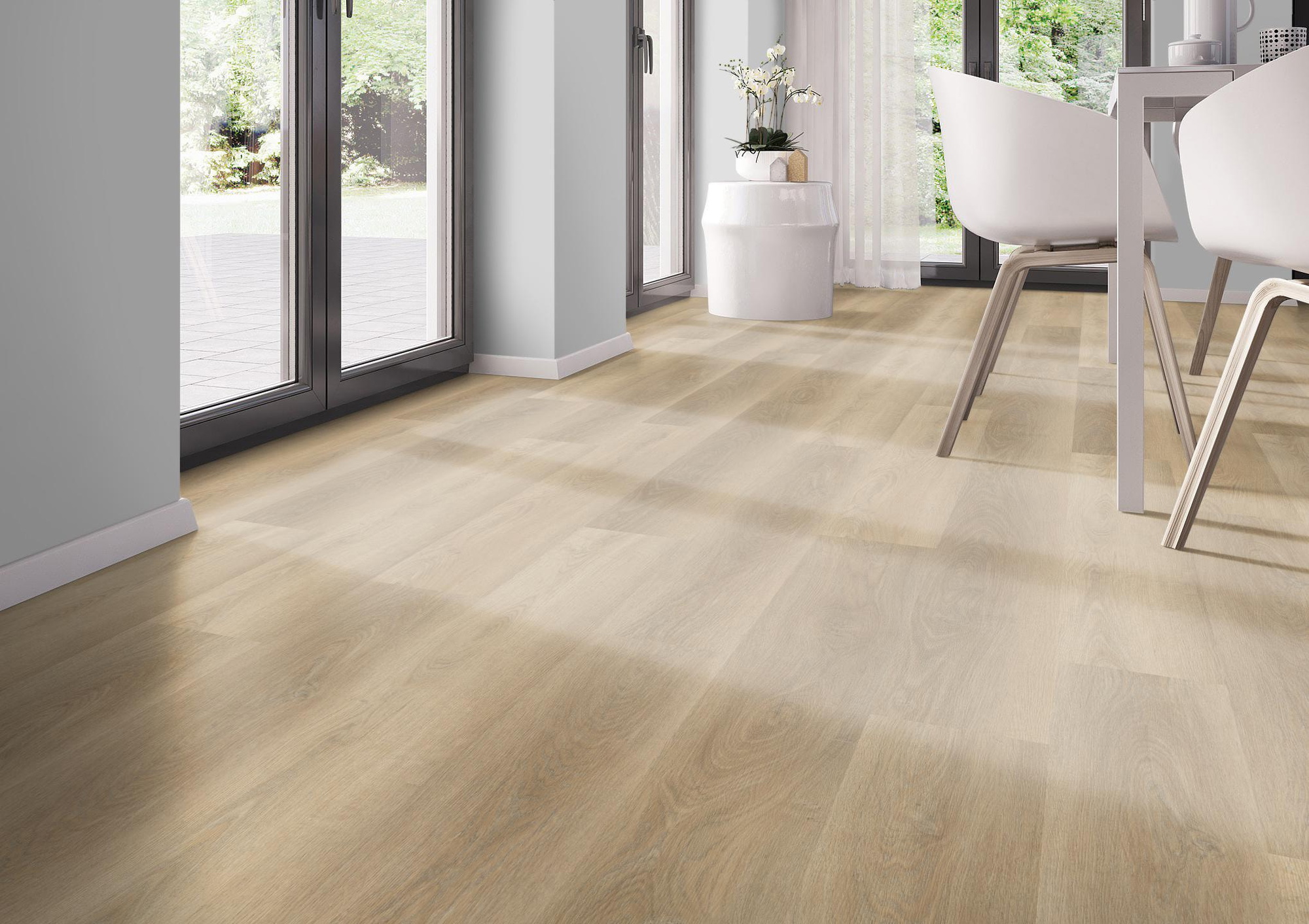 Milieubild Modernes Esszimmer - bodentiefe Perspektive - nexflor Rigid Klick-Vinyl Apollo Click Collection Thebes Oak Milieubild Modernes Esszimmer - bodentiefe Perspektive - nexflor NXF-60030-013