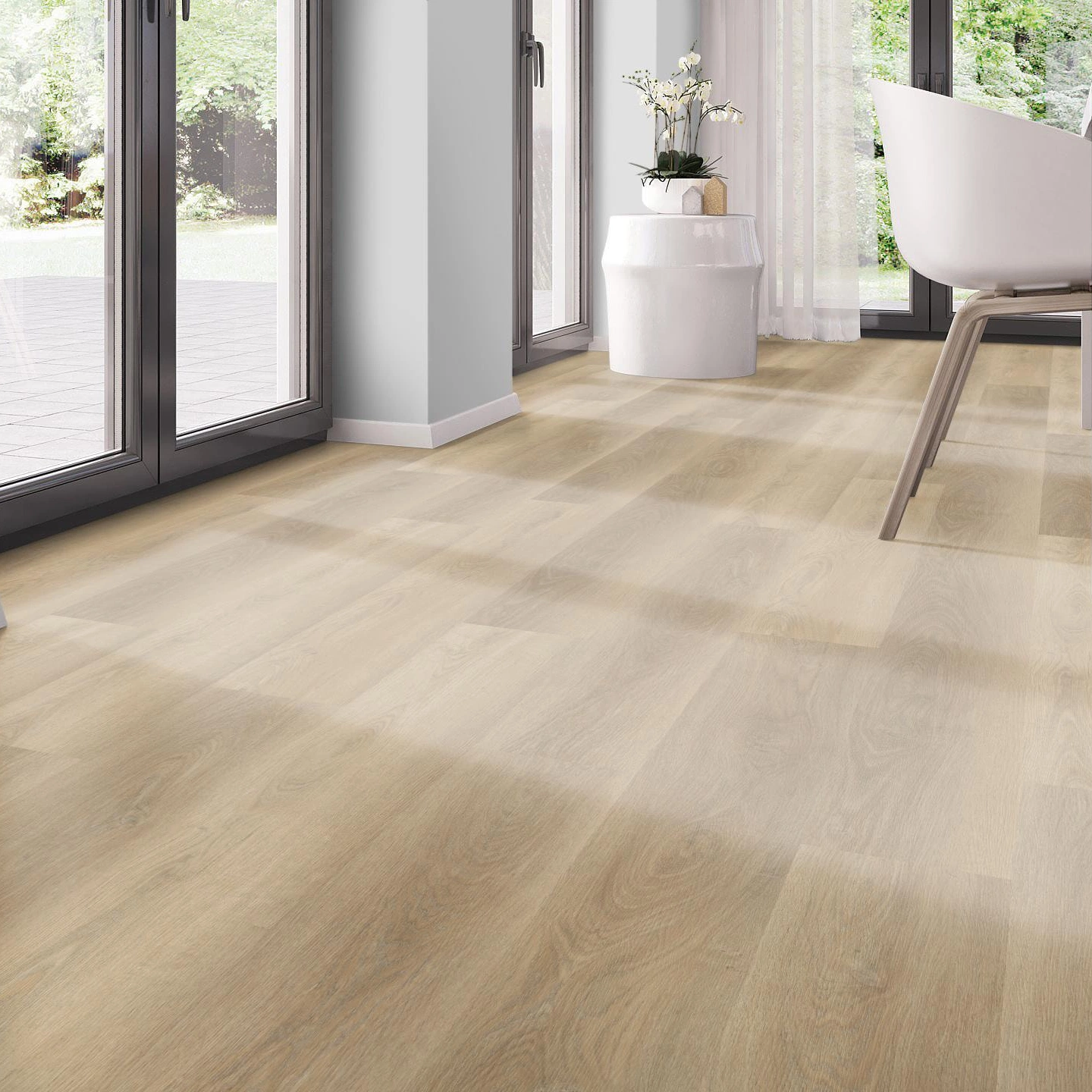 Milieubild Modernes Esszimmer - bodentiefe Perspektive - nexflor Rigid Klick-Vinyl Apollo Click Collection Thebes Oak Milieubild Modernes Esszimmer - bodentiefe Perspektive - nexflor NXF-60030-013