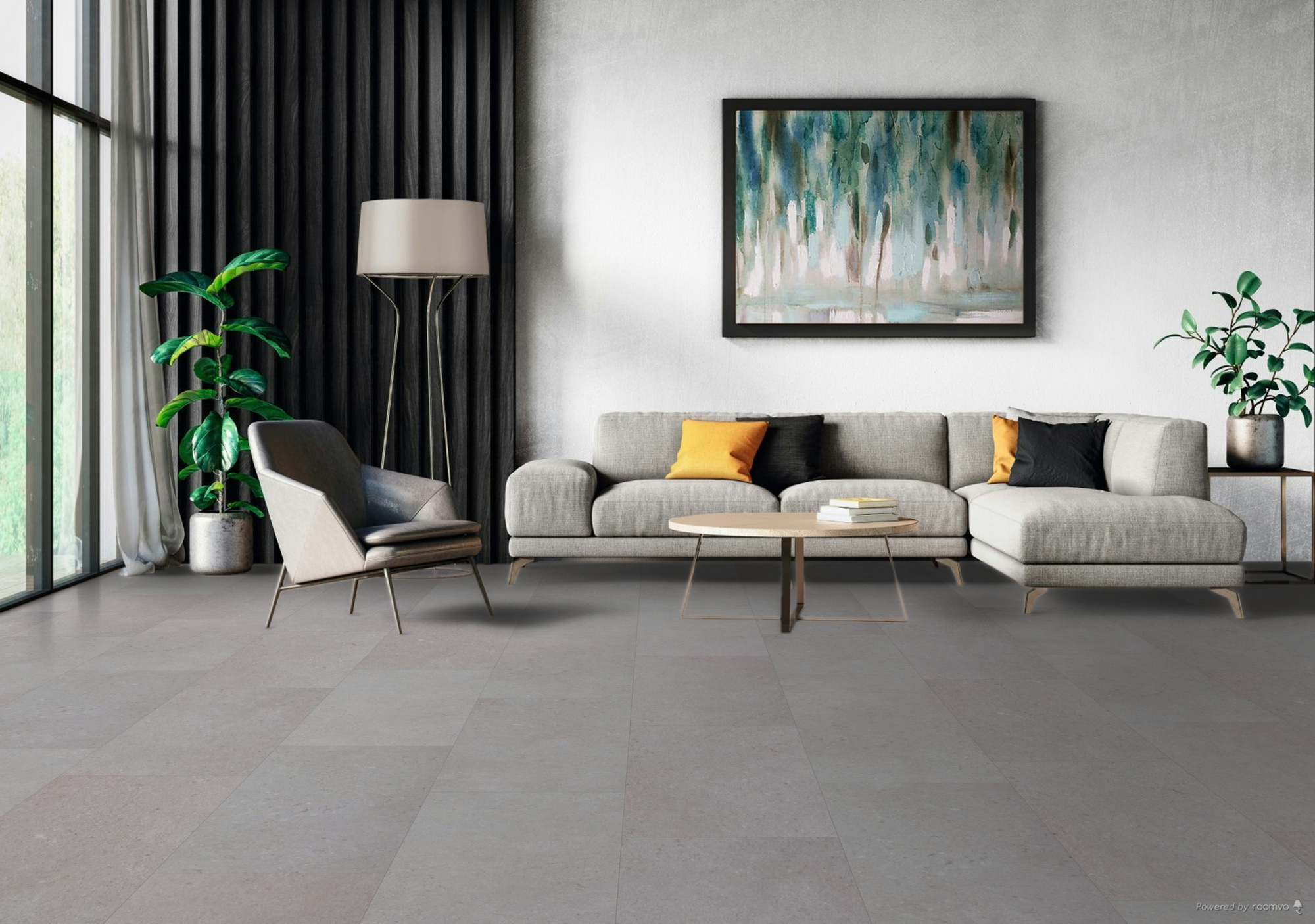 Milieubild Modernes Wohnzimmer mit Sessel und Sofa - BerryAlloc Klebe-Vinyl Zenn Gluedown 55 Bali Milieubild Modernes Wohnzimmer mit Sessel und Sofa - BerryAlloc 60002259