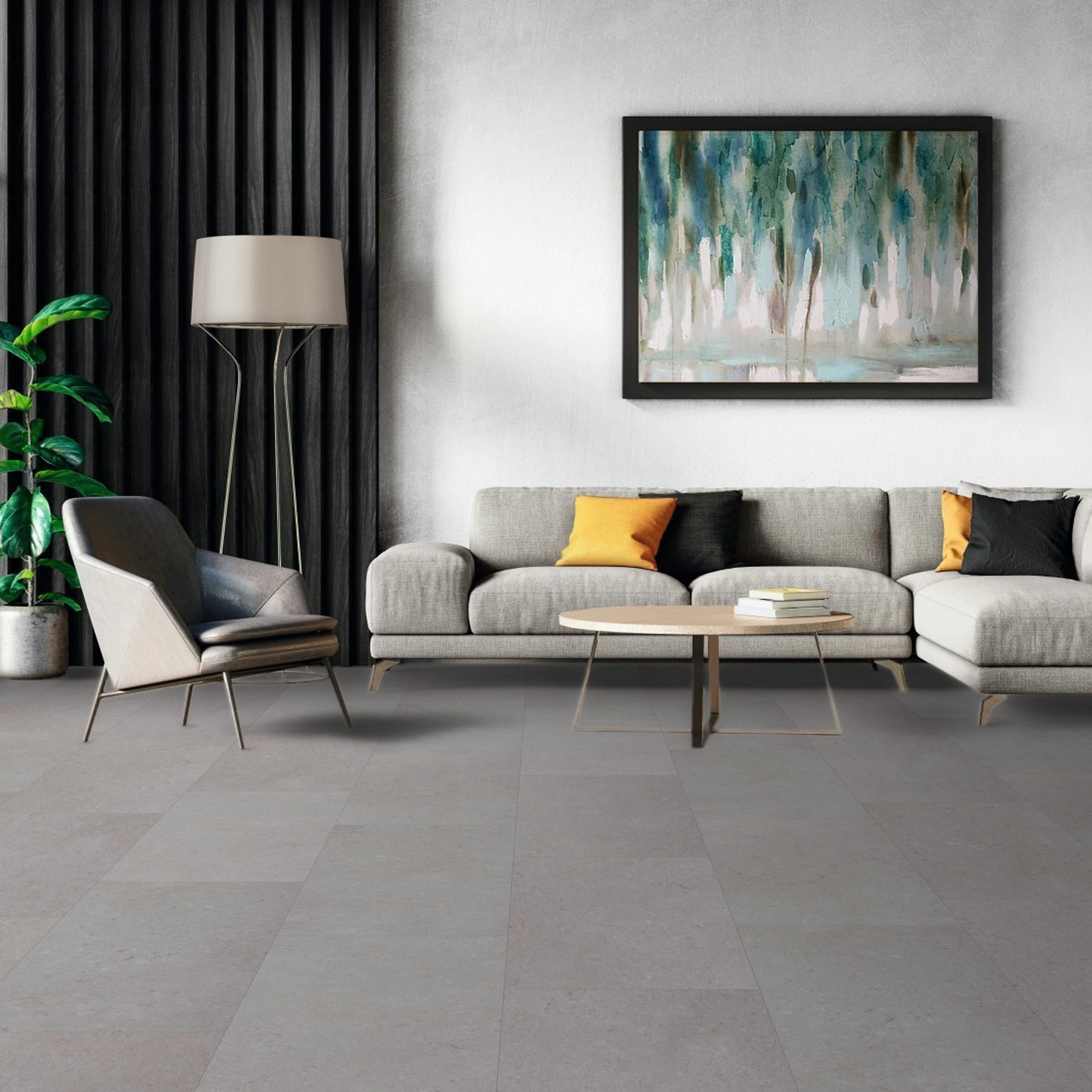 Milieubild Modernes Wohnzimmer mit Sessel und Sofa - BerryAlloc Klebe-Vinyl Zenn Gluedown 55 Bali Milieubild Modernes Wohnzimmer mit Sessel und Sofa - BerryAlloc 60002259
