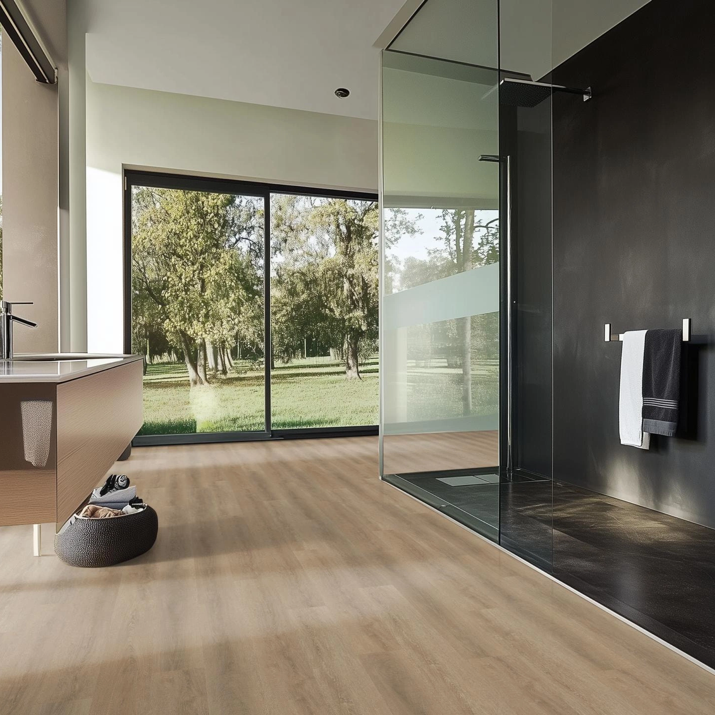 Milieubild Modernes Badezimmer mit bodentiefer Dusche - nexflor Rigid Klick-Vinyl Apollo Click Collection Kefalonia Oak Milieubild Modernes Badezimmer mit bodentiefer Dusche - nexflor NXF-60030-014