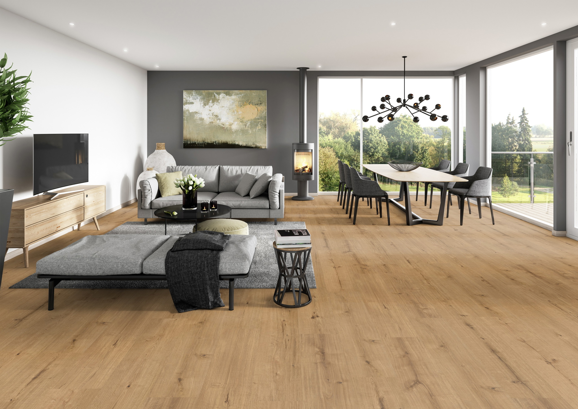Milieubild Modernes Wohnzimmer mit Essbereich - ter Hürne Klebe-Designboden Avatara Pro Classic Edition Eiche Askella Milieubild Modernes Wohnzimmer mit Essbereich - ter Hürne 1101270109