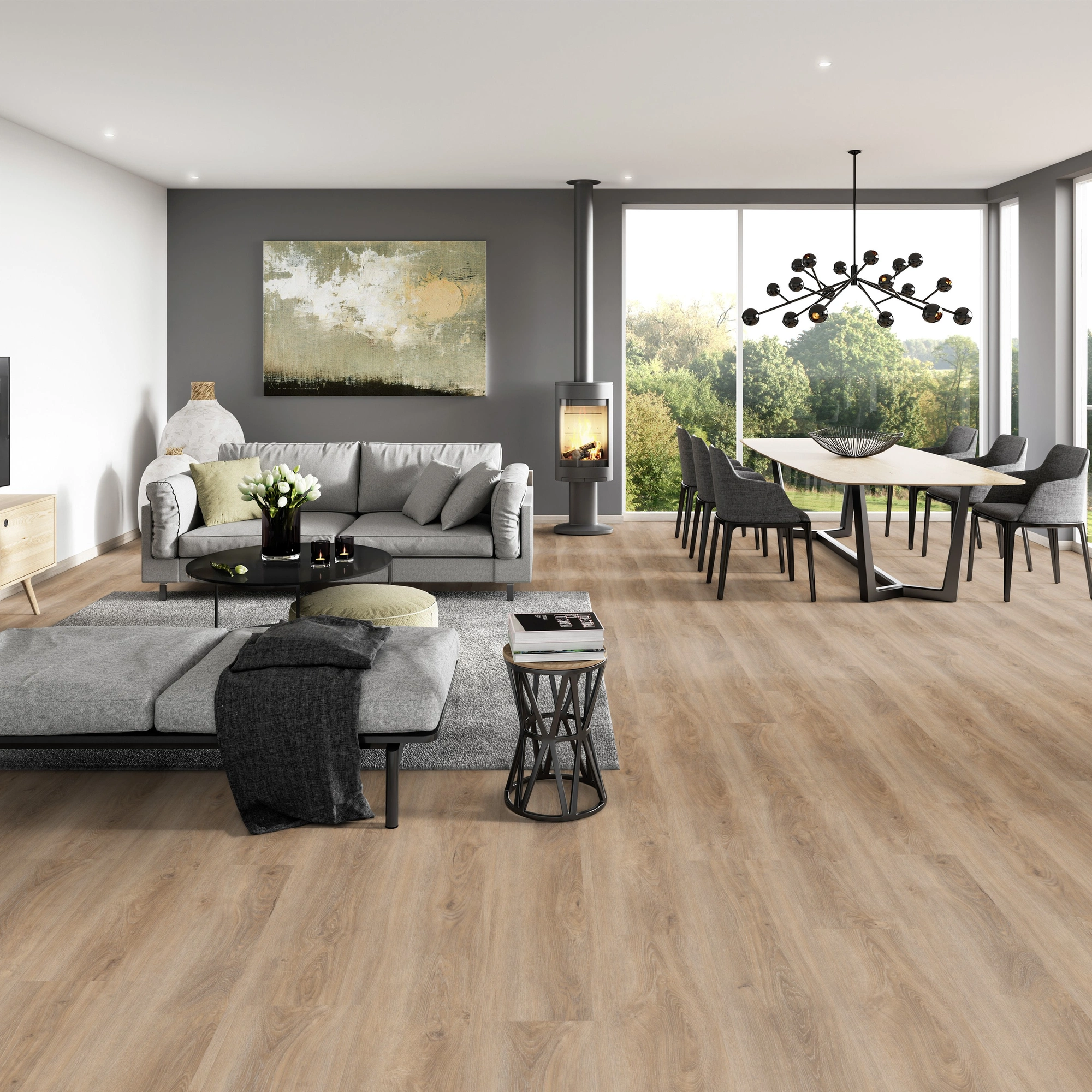 Milieubild Modernes Wohnzimmer mit Essbereich - ter Hürne Klebe-Vinyl Pro Grand Choice Eiche Malaga Milieubild Modernes Wohnzimmer mit Essbereich - ter Hürne 1101210401