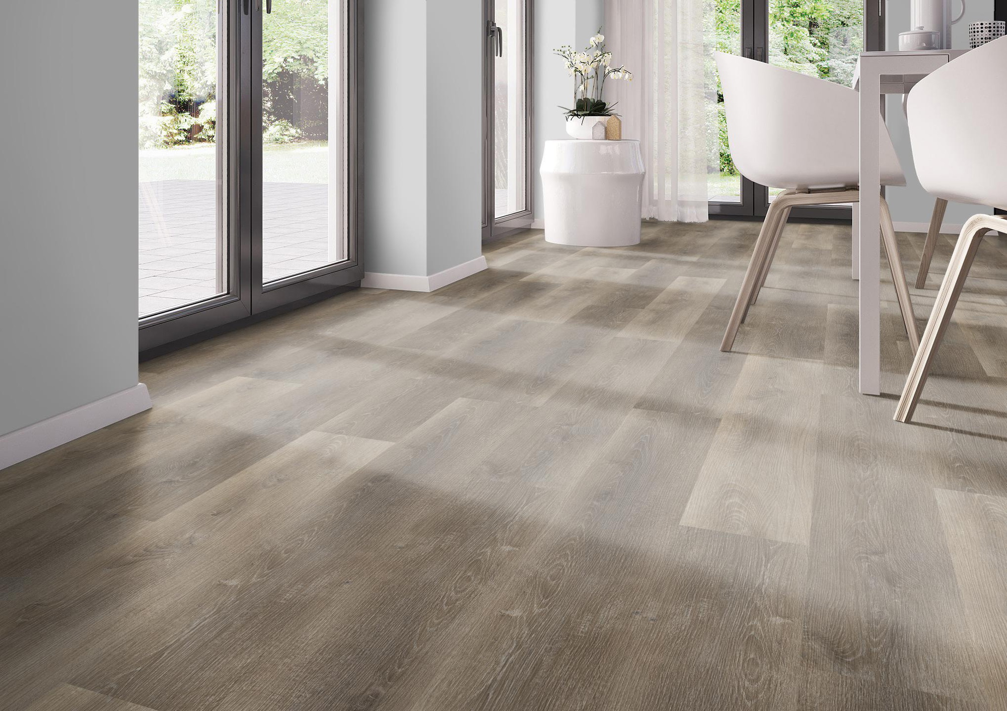 Milieubild Modernes Esszimmer - bodentiefe Perspektive - nexflor Rigid Klick-Vinyl Apollo Click Collection Rhodes Oak Milieubild Modernes Esszimmer - bodentiefe Perspektive - nexflor NXF-60030-010