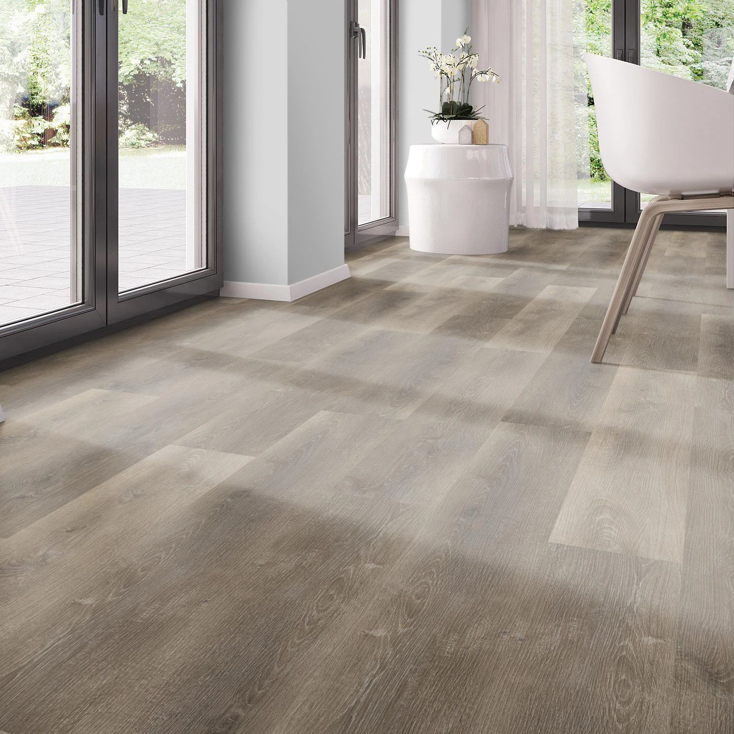 Milieubild Modernes Esszimmer - bodentiefe Perspektive - nexflor Rigid Klick-Vinyl Apollo Click Collection Rhodes Oak Milieubild Modernes Esszimmer - bodentiefe Perspektive - nexflor NXF-60030-010