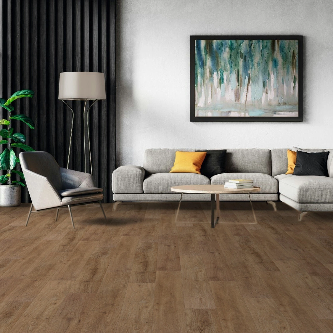 Milieubild Modernes Wohnzimmer mit Sessel und Sofa - BerryAlloc Klebe-Vinyl Zenn Gluedown 30 Porto Milieubild Modernes Wohnzimmer mit Sessel und Sofa - BerryAlloc 60002222