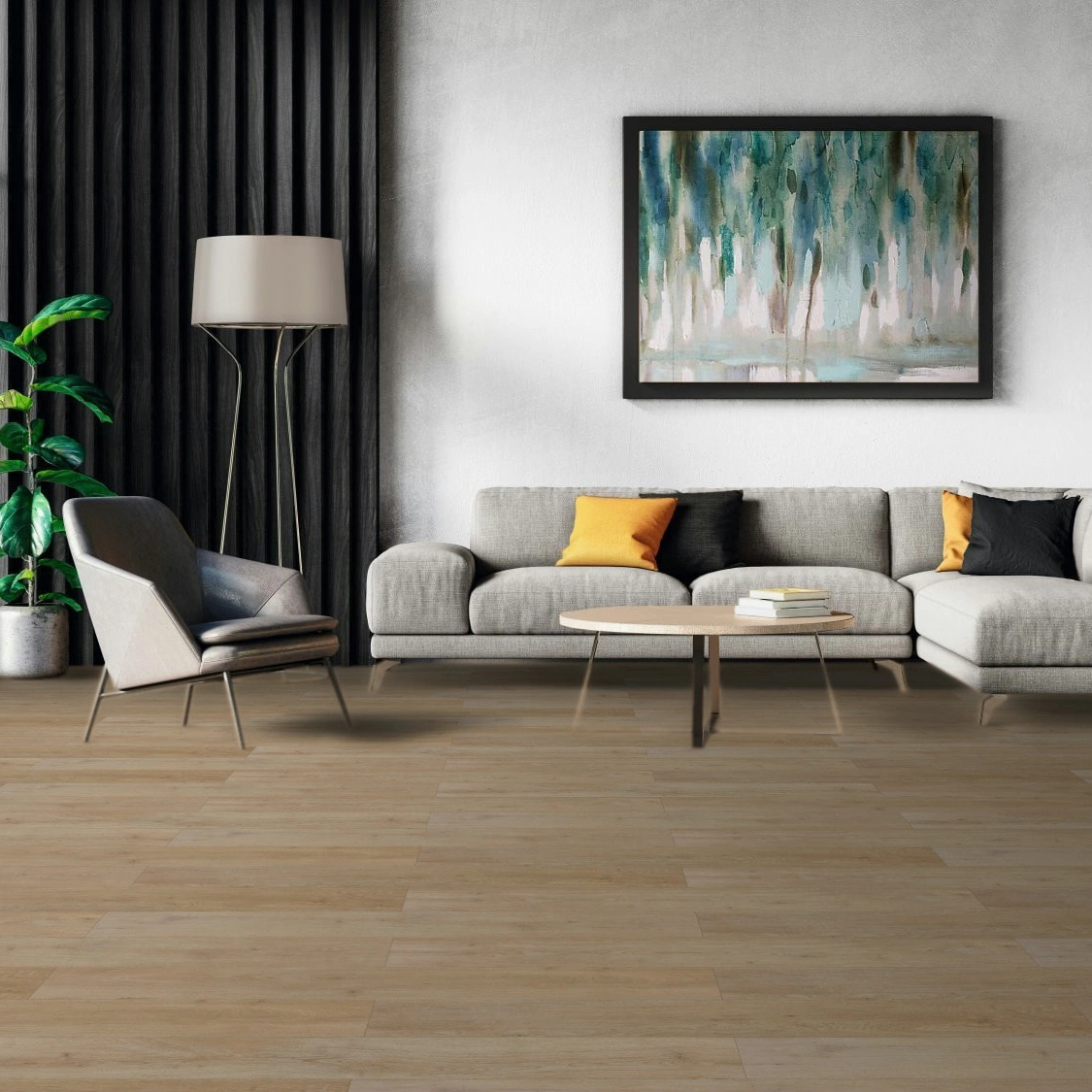 Milieubild Modernes Wohnzimmer mit Sessel und Sofa - BerryAlloc Klebe-Vinyl Zenn Gluedown 30 Faro Milieubild Modernes Wohnzimmer mit Sessel und Sofa - BerryAlloc 60002224