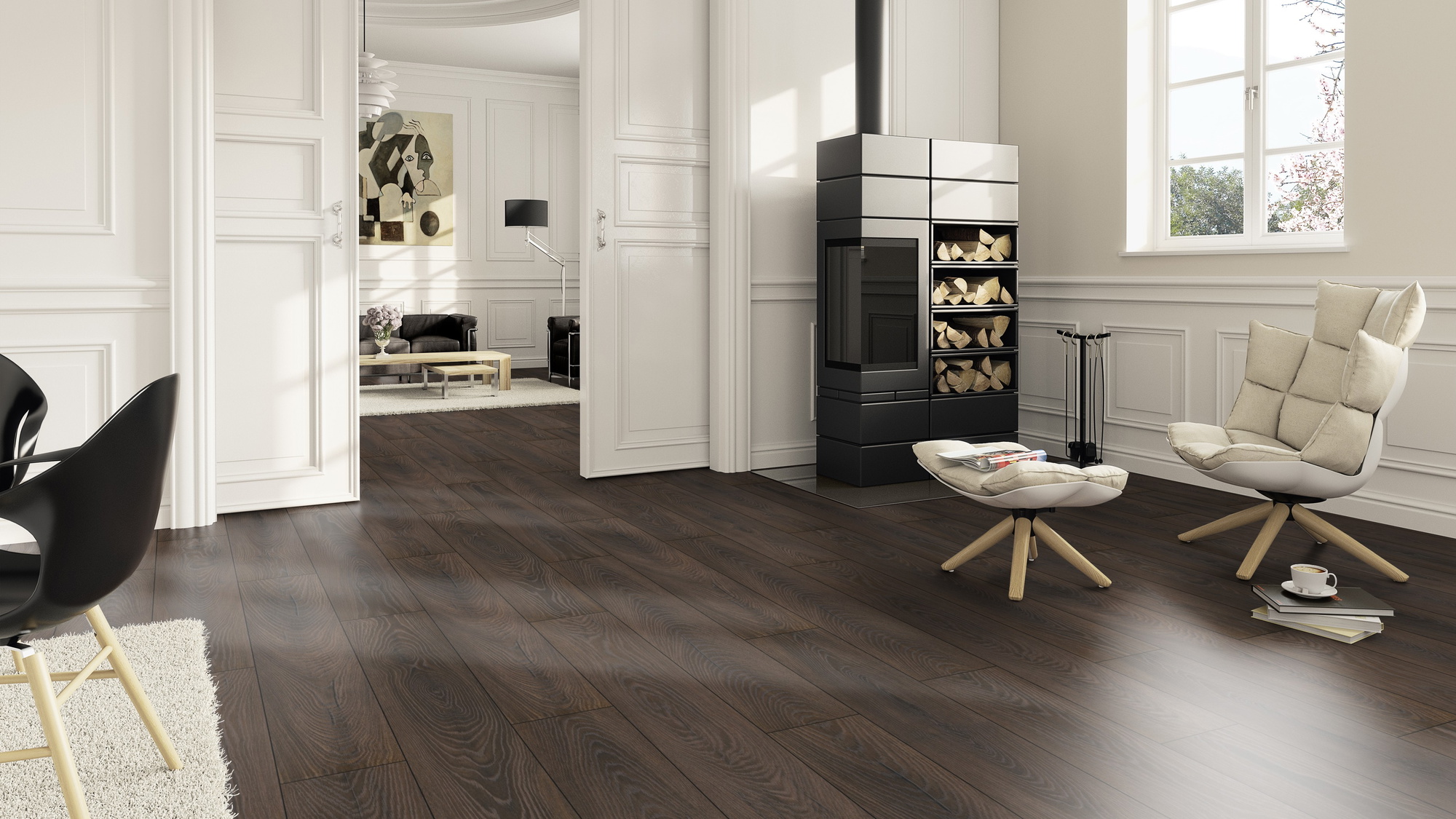Milieubild Wohnzimmer im Landhaus-Stil mit Kamin - ter Hürne Klick-Designboden Dureco Strong Classic Edition Eiche Cocoa Milieubild Wohnzimmer im Landhaus-Stil mit Kamin - ter Hürne 1101260049