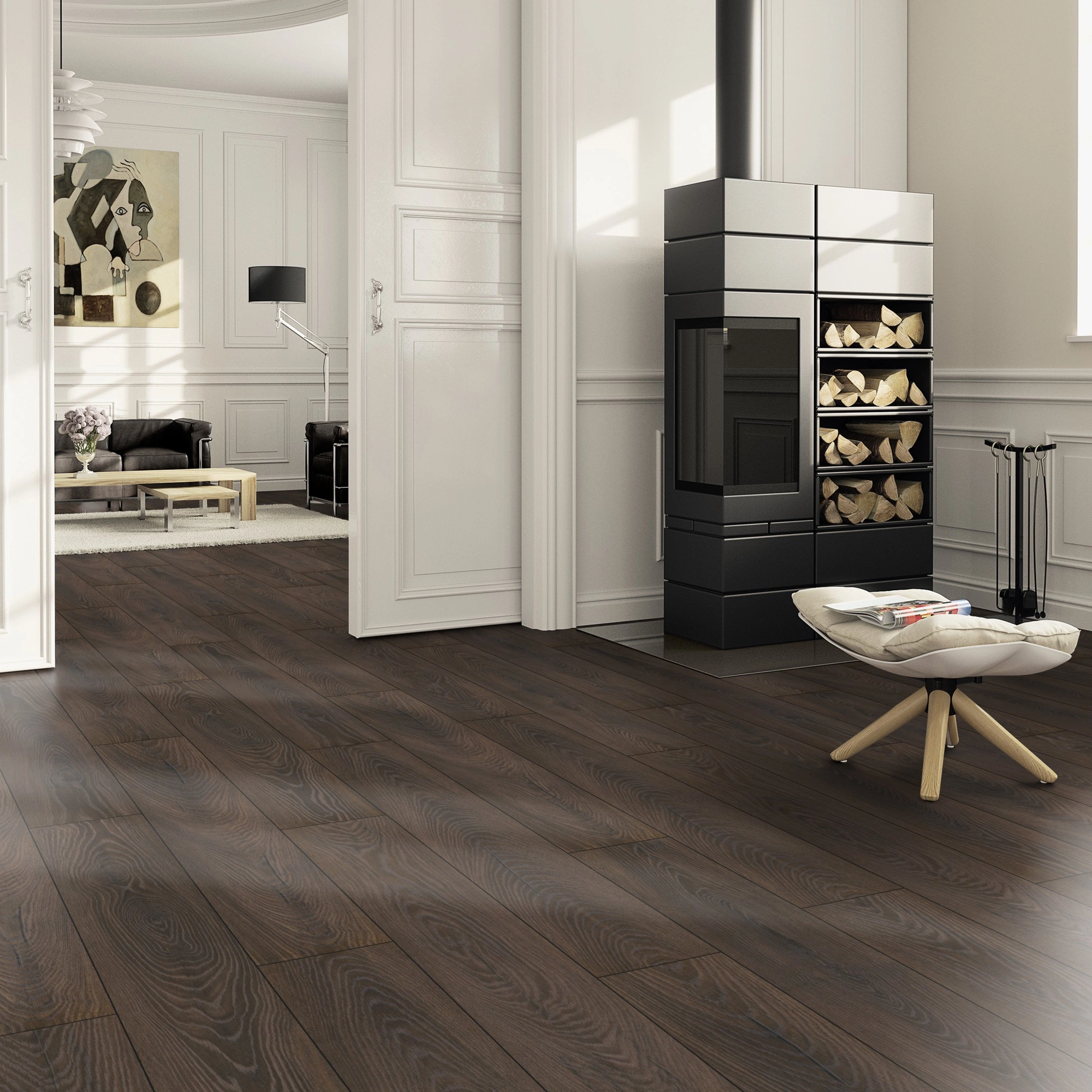 Milieubild Wohnzimmer im Landhaus-Stil mit Kamin - ter Hürne Klick-Designboden Dureco Strong Classic Edition Eiche Cocoa Milieubild Wohnzimmer im Landhaus-Stil mit Kamin - ter Hürne 1101260049
