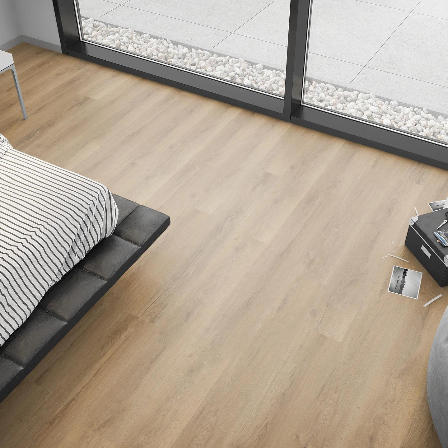 Milieubild Schlafzimmer mit Sitzkissen - nexflor Rigid Klick-Vinyl Apollo Click Collection Naxos Oak Milieubild Schlafzimmer mit Sitzkissen - nexflor NXF-60030-018