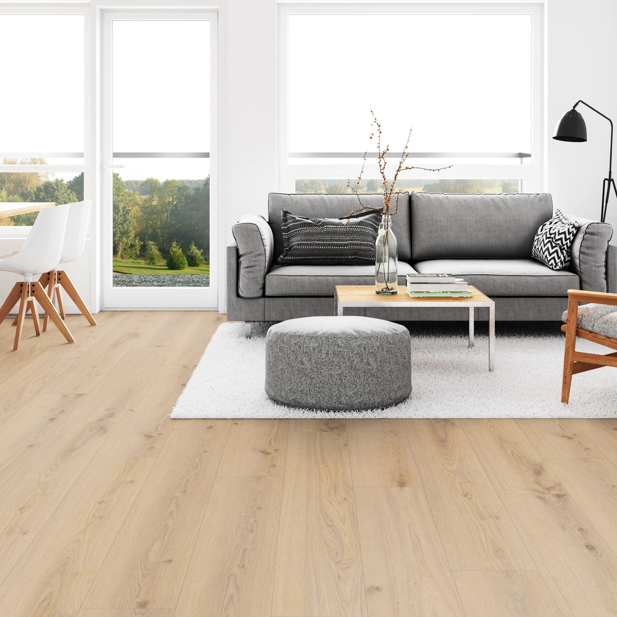 Milieubild Wohnzimmer mit Esszimmer - Tarkett Klebe-Vinyl Essence 30 Primary Oak Beige Milieubild Wohnzimmer mit Esszimmer - Tarkett 260055003