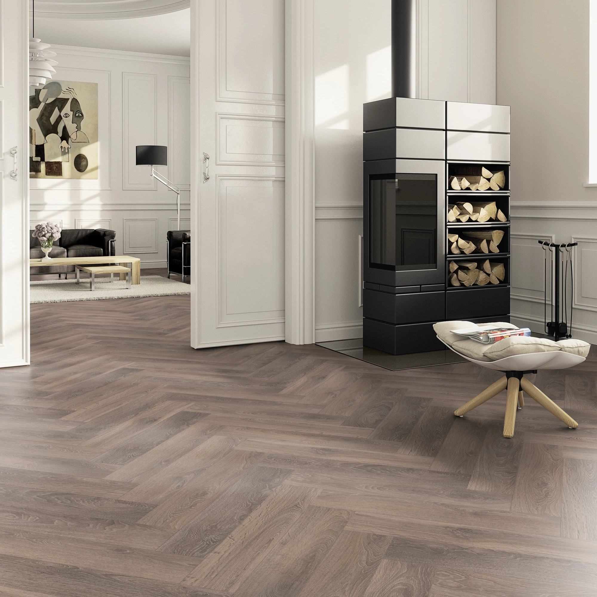 Milieubild Wohnzimmer im Landhaus-Stil mit Kamin - ter Hürne Laminat Herringbone Edition Eiche Suite Milieubild Wohnzimmer im Landhaus-Stil mit Kamin - ter Hürne 1101021851